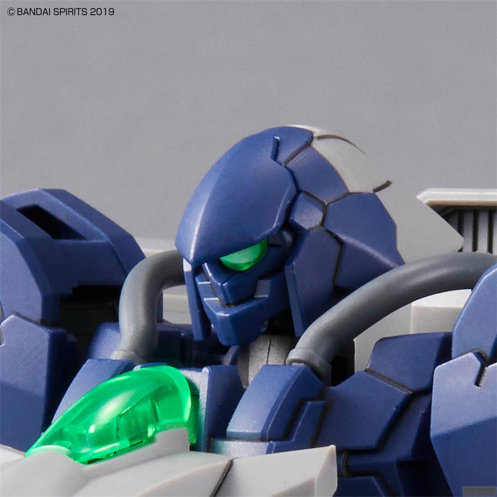 Ein blauer Roboter mit grünen Augen und einem durchsichtigen grünen Cockpit.