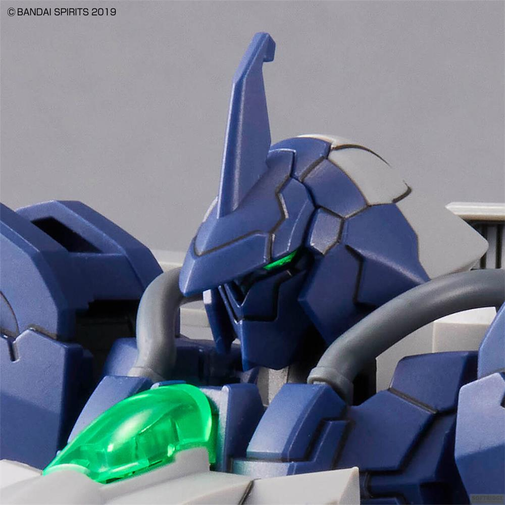 Ein blauer Roboter mit grünen Augen und einem Horn auf dem Kopf.
