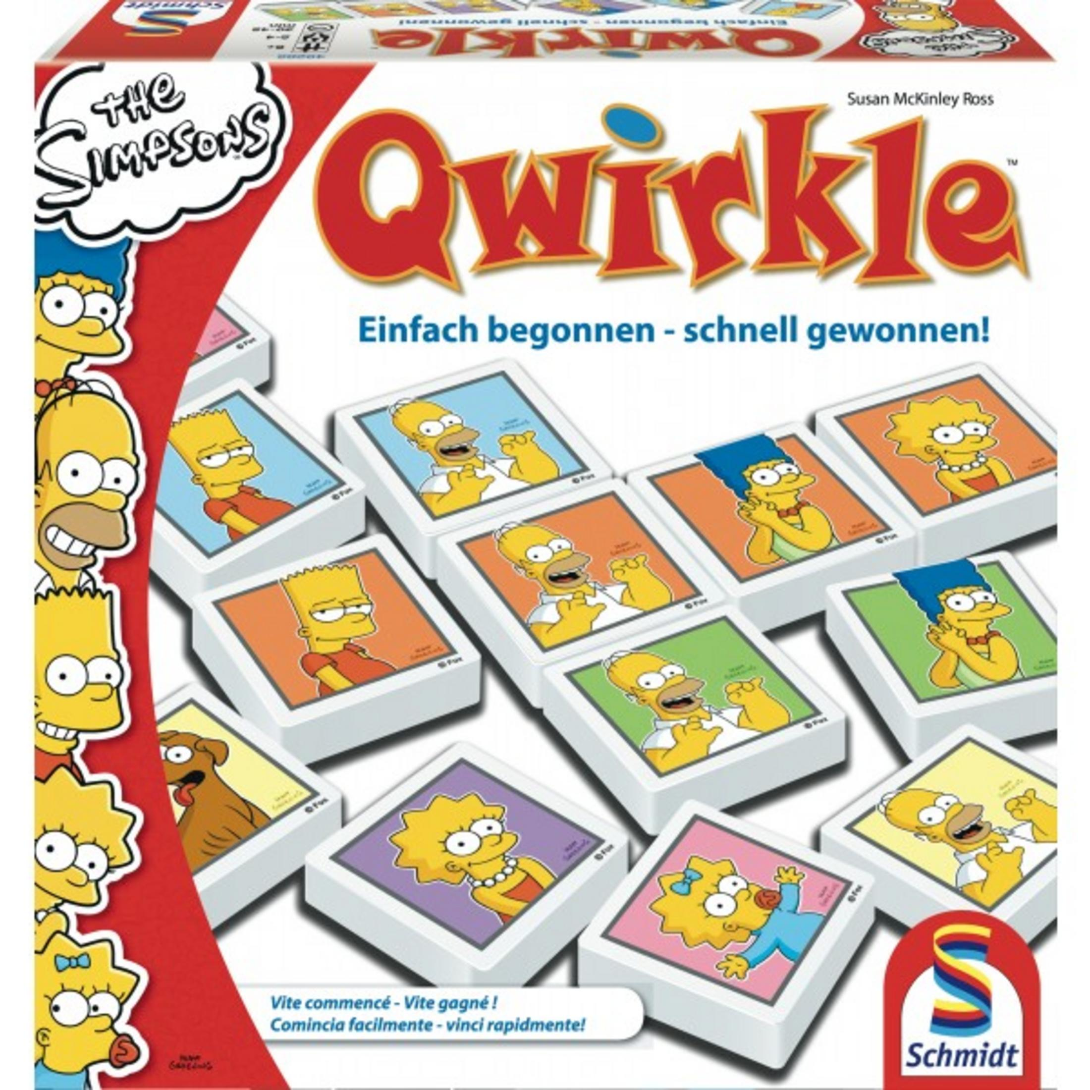 Die Simpsons Qwirkle Brettspielbox mit Charakterkarten.