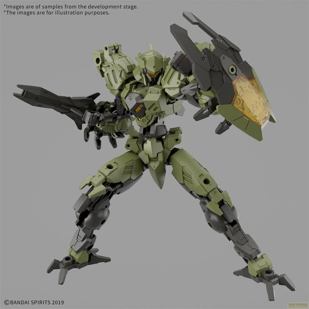 Ein grüner und grauer Mech mit Waffe und Schild steht in dynamischer Pose.
