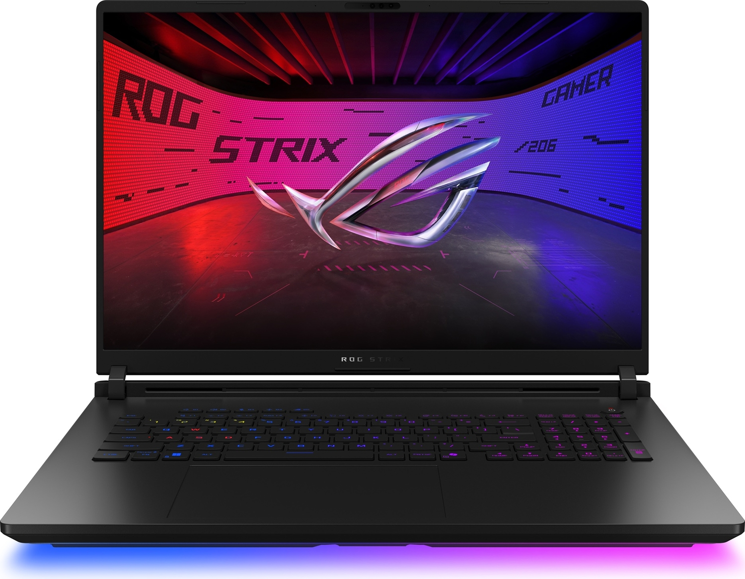 Ekranında ROG Strix logosu bulunan, aydınlatmalı klavyeli siyah dizüstü bilgisayar.