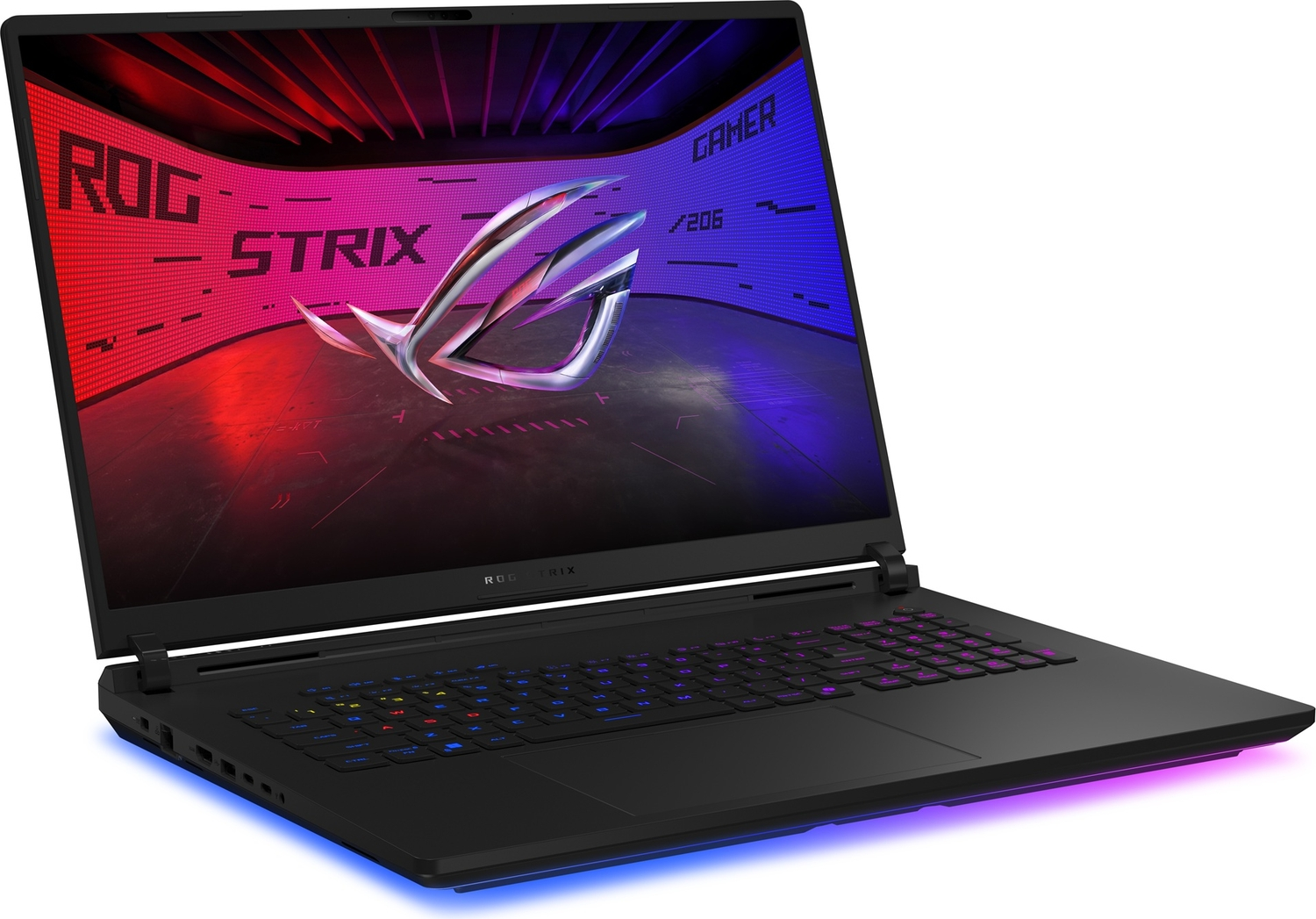 Renkli RGB aydınlatmalı ve aydınlatmalı klavyeli siyah ASUS ROG Strix dizüstü bilgisayar.