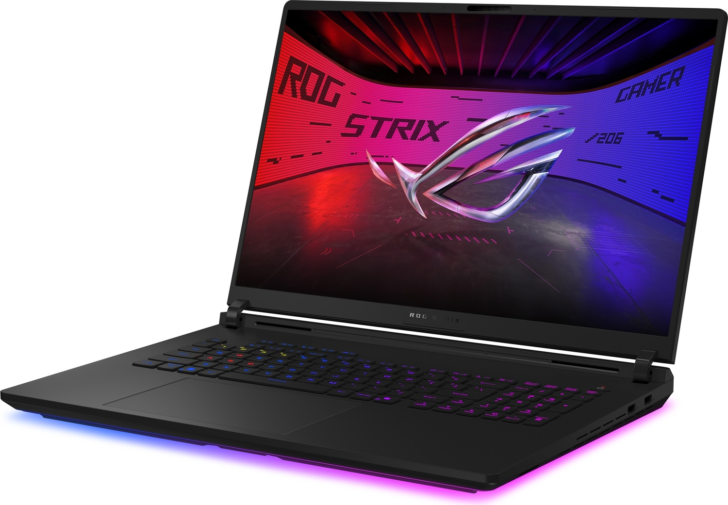RGB klavyeli ve aydınlatmalı siyah ASUS ROG Strix oyuncu dizüstü bilgisayarı.