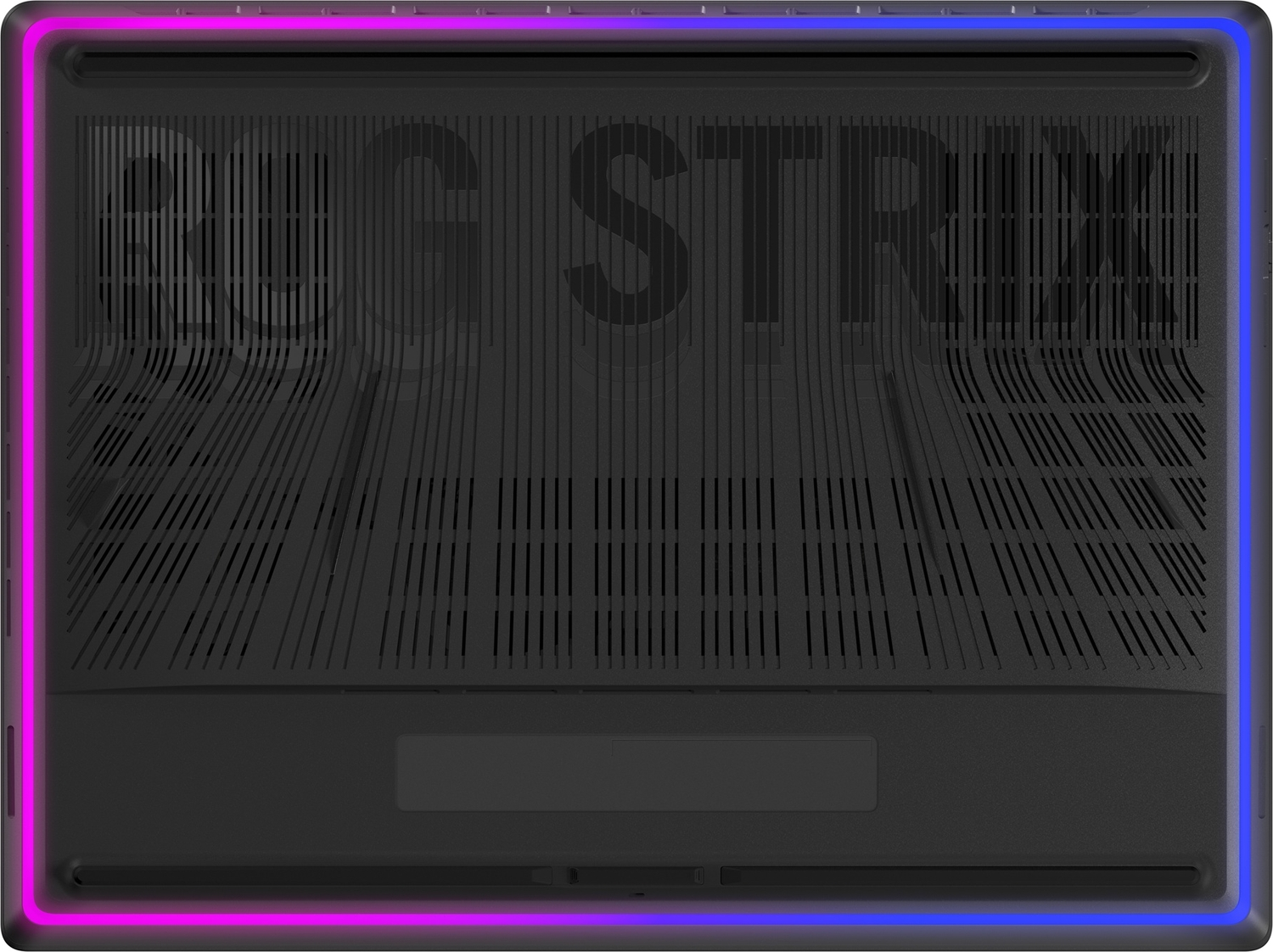 RGB Strix logolu ve mor/mavi aydınlatmalı siyah dizüstü bilgisayar tabanı.