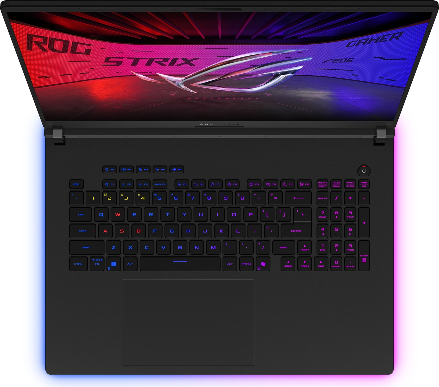 Ekranında parlayan ROG Strix logosu ve arkadan aydınlatmalı klavyeye sahip açık siyah bir dizüstü bilgisayar.