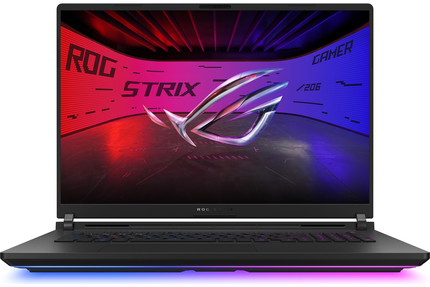 Renkli ROG Strix logosu ve RGB klavyeli siyah oyuncu dizüstü bilgisayarı.