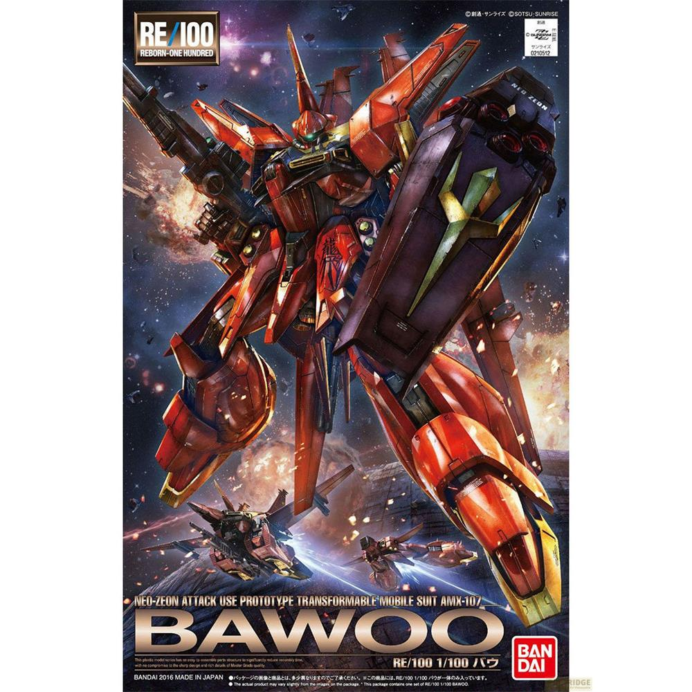 Ein großer rot-goldener Mobile Suit, der Bawoo, steht im Kampf vor einem sternenübersäten Hintergrund.