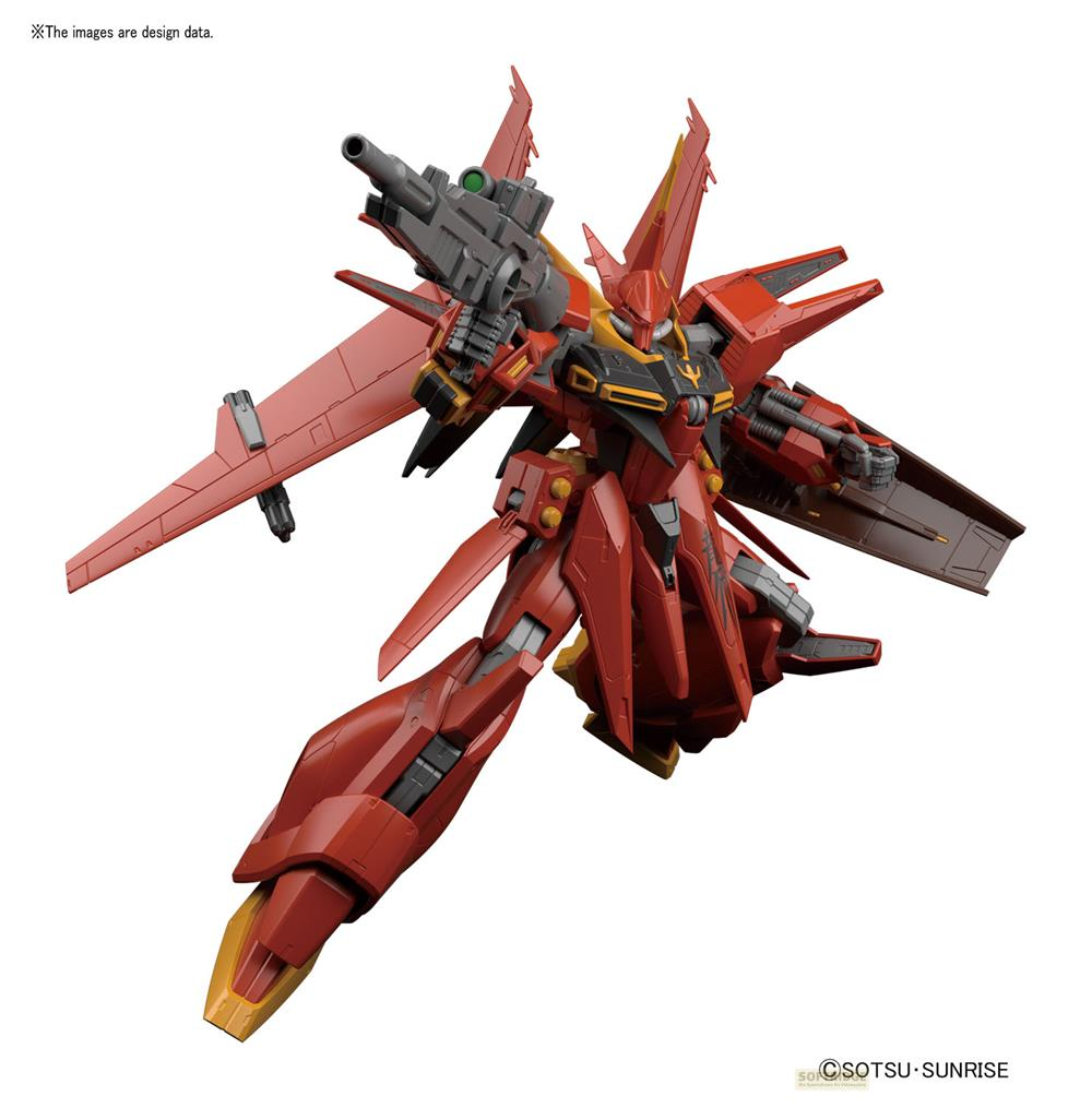 Roter und gelber Roboter mit Waffe und Flügeln auf weißem Hintergrund.