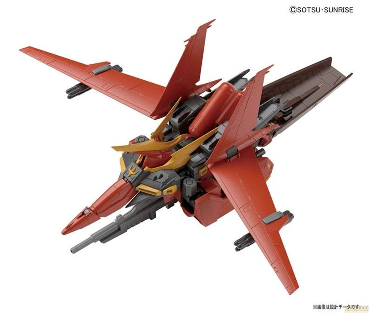 Ein roter und grauer futuristischer Kampfjet mit scharfen Winkeln und hervorstehenden Flügeln.