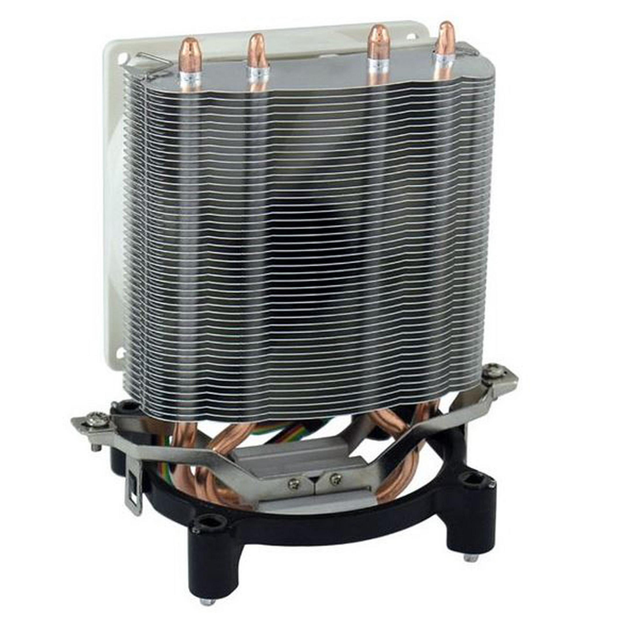 A computer CPU cooler with a silver fin stack and copper heat pipes.