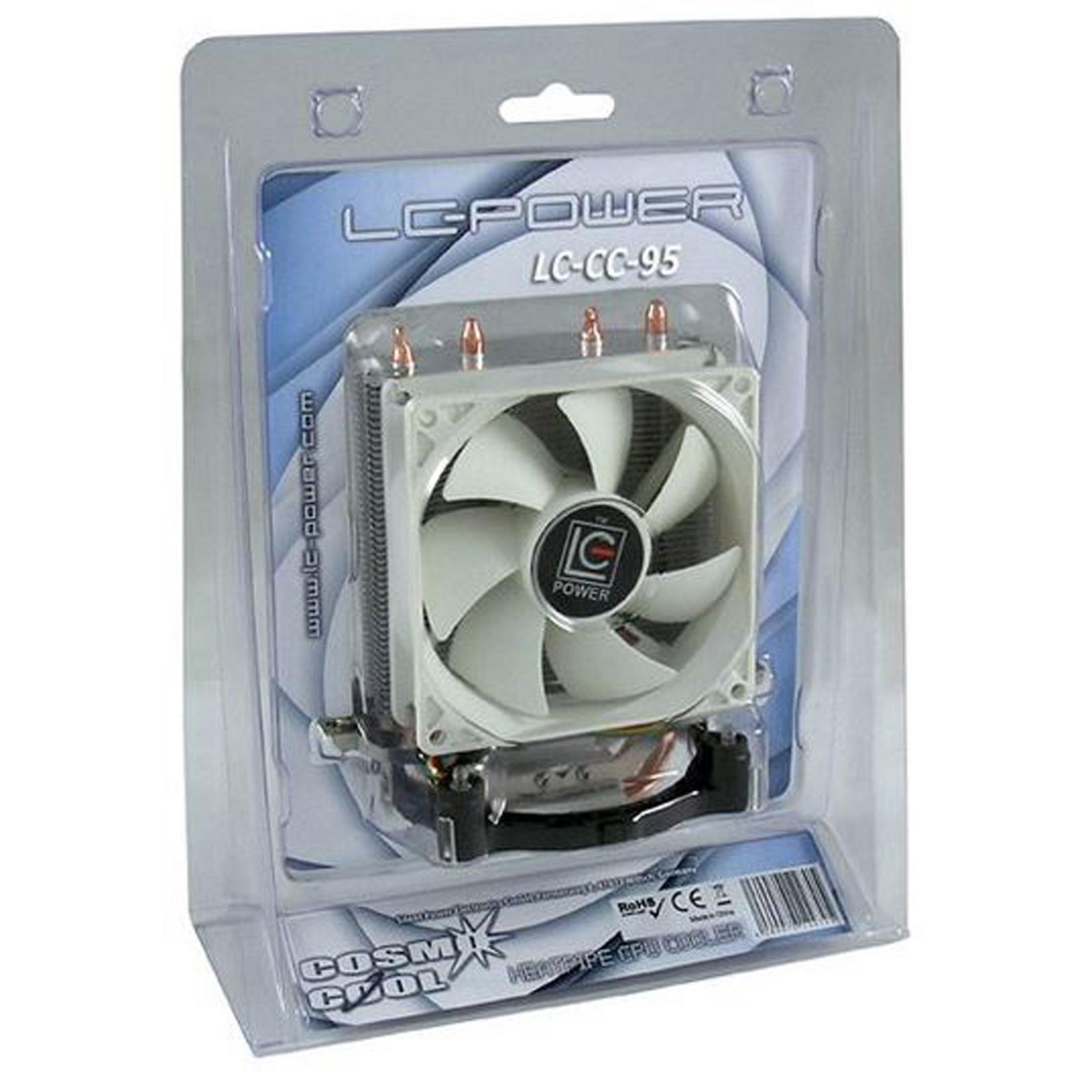 LC Power LC-CC-95 CPU cooler in packaging. White fan with black and red logo.