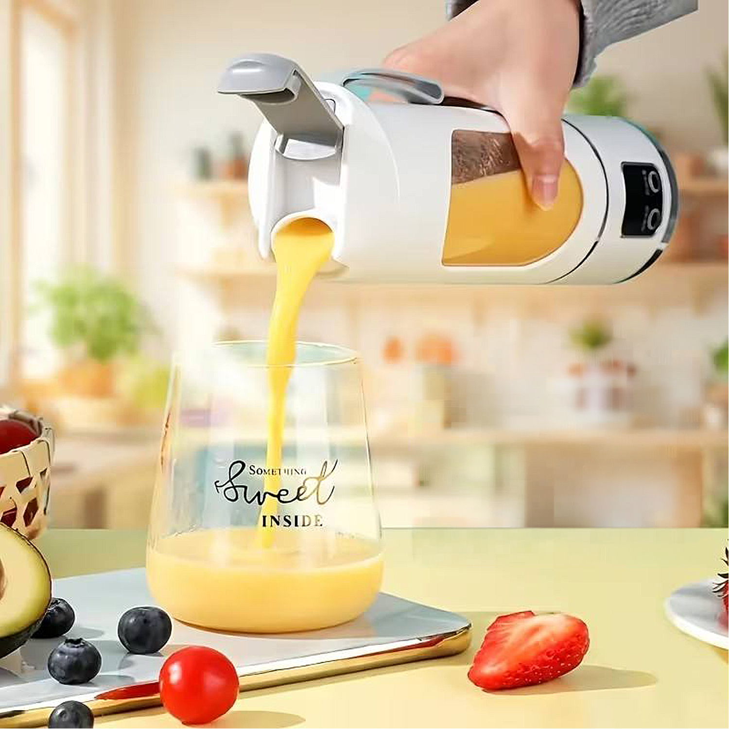 Un frullatore portatile versa succo giallo in un bicchiere con testo 'Sweet Inside'.