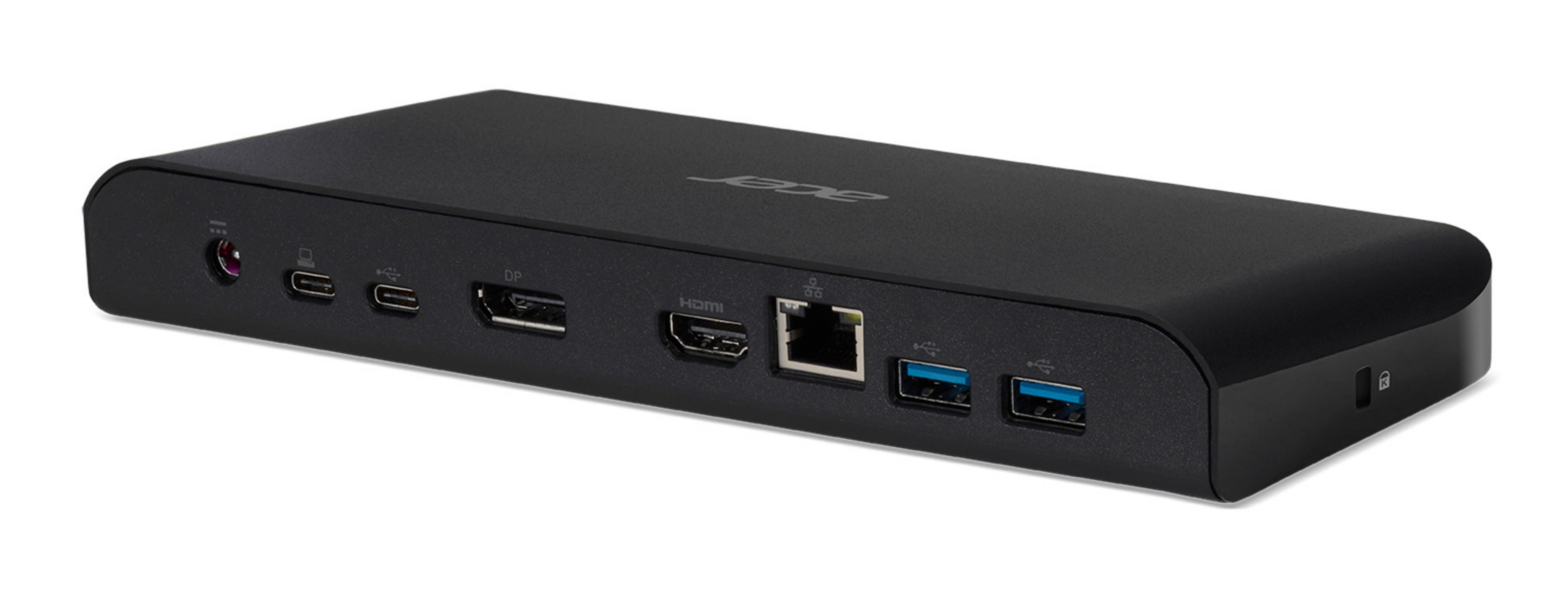Schwarzes Dock mit Anschlüssen: Strom, 2x USB-C, DP, HDMI, Ethernet, 2x USB-A.