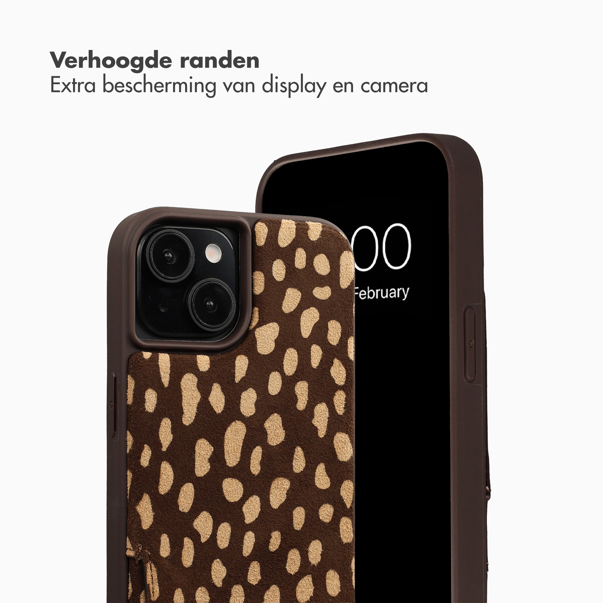 Brown spotted phone case with camera bump, next to a smartphone screen.