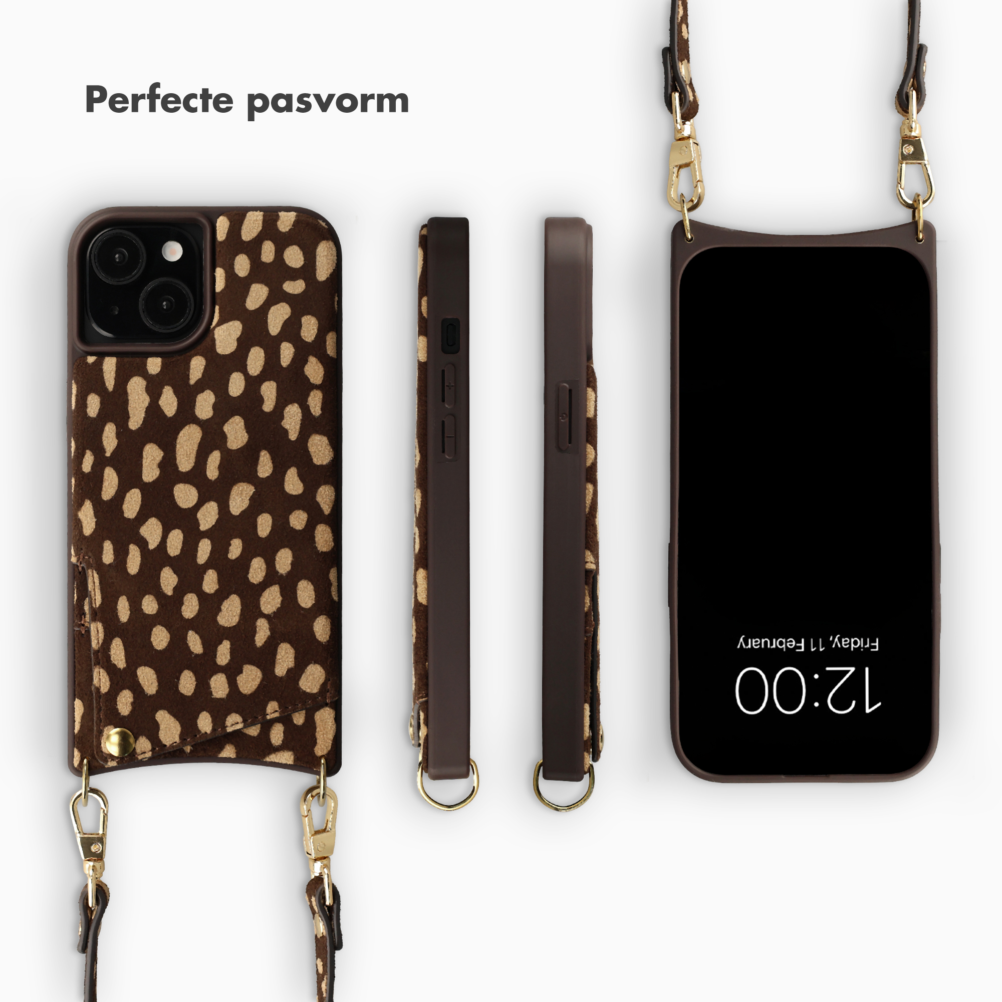Brown leopard print phone case with strap, next to a phone.