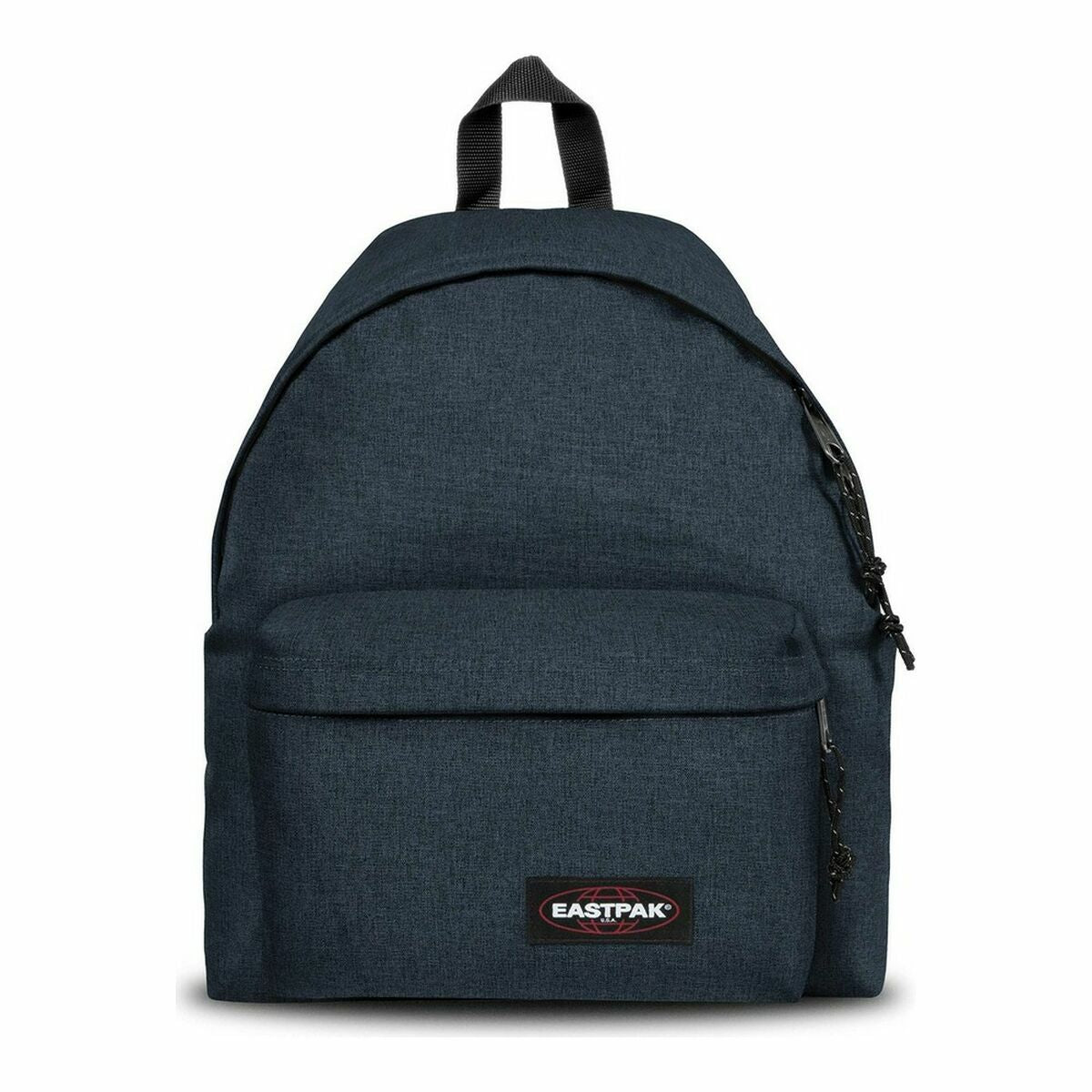 Ein dunkelblauer Eastpak-Rucksack mit einem Hauptfach, einer Fronttasche und schwarzen Reißverschlüssen.
