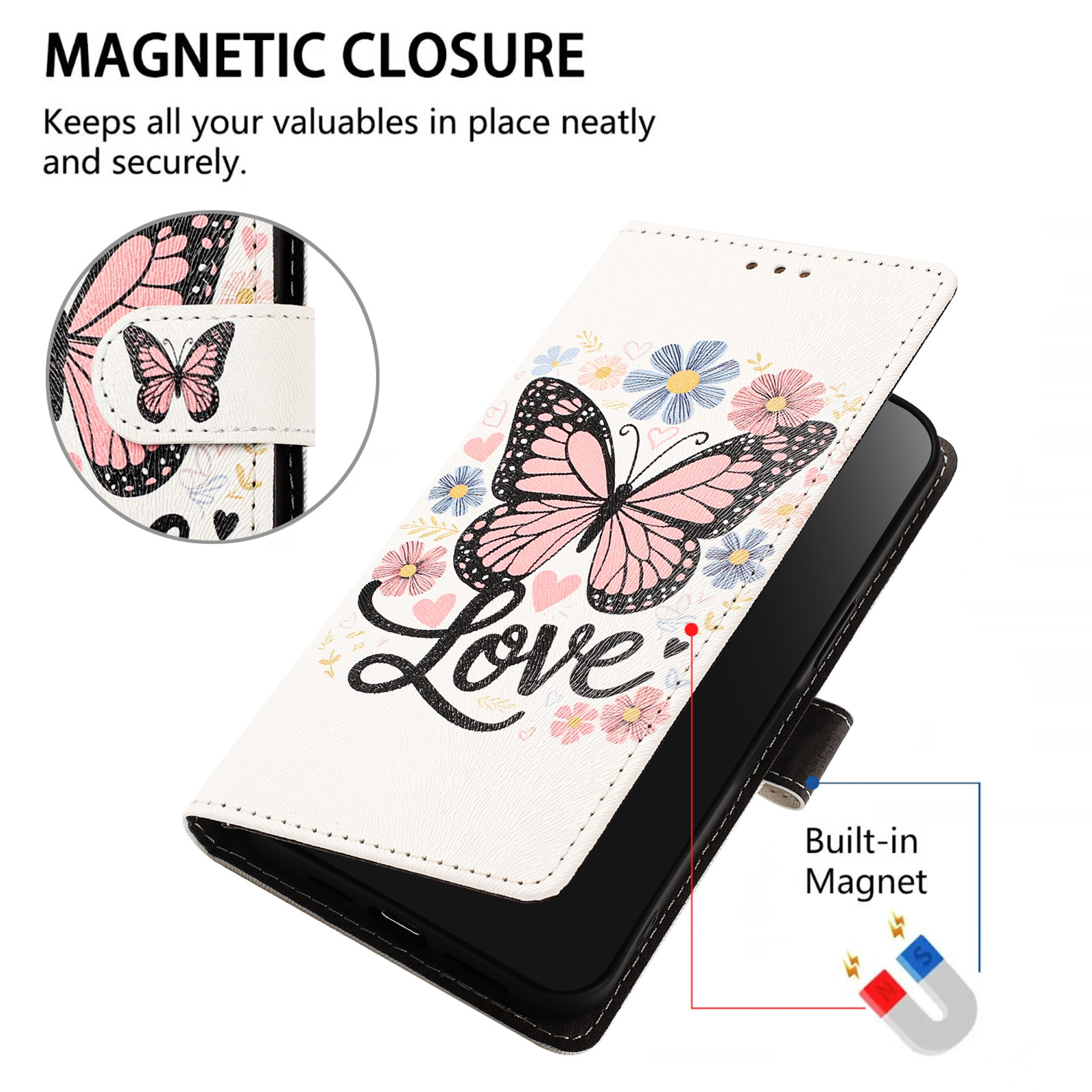 Weiße Handyhülle mit Schmetterling, Blumen und dem Wort "Love".