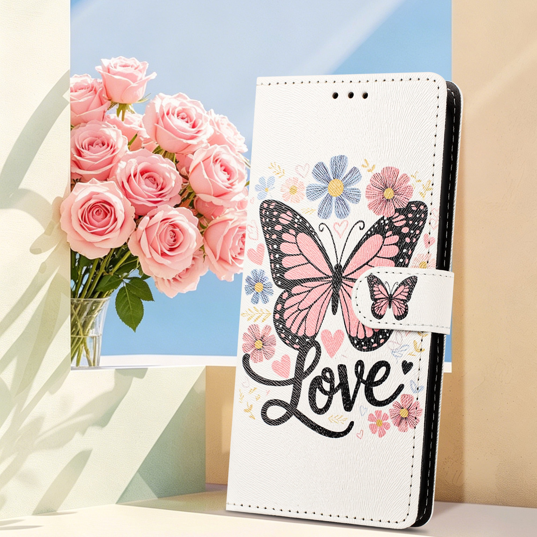 Ein weißes Handycover mit Schmetterling, Blumen und dem Wort "Love".