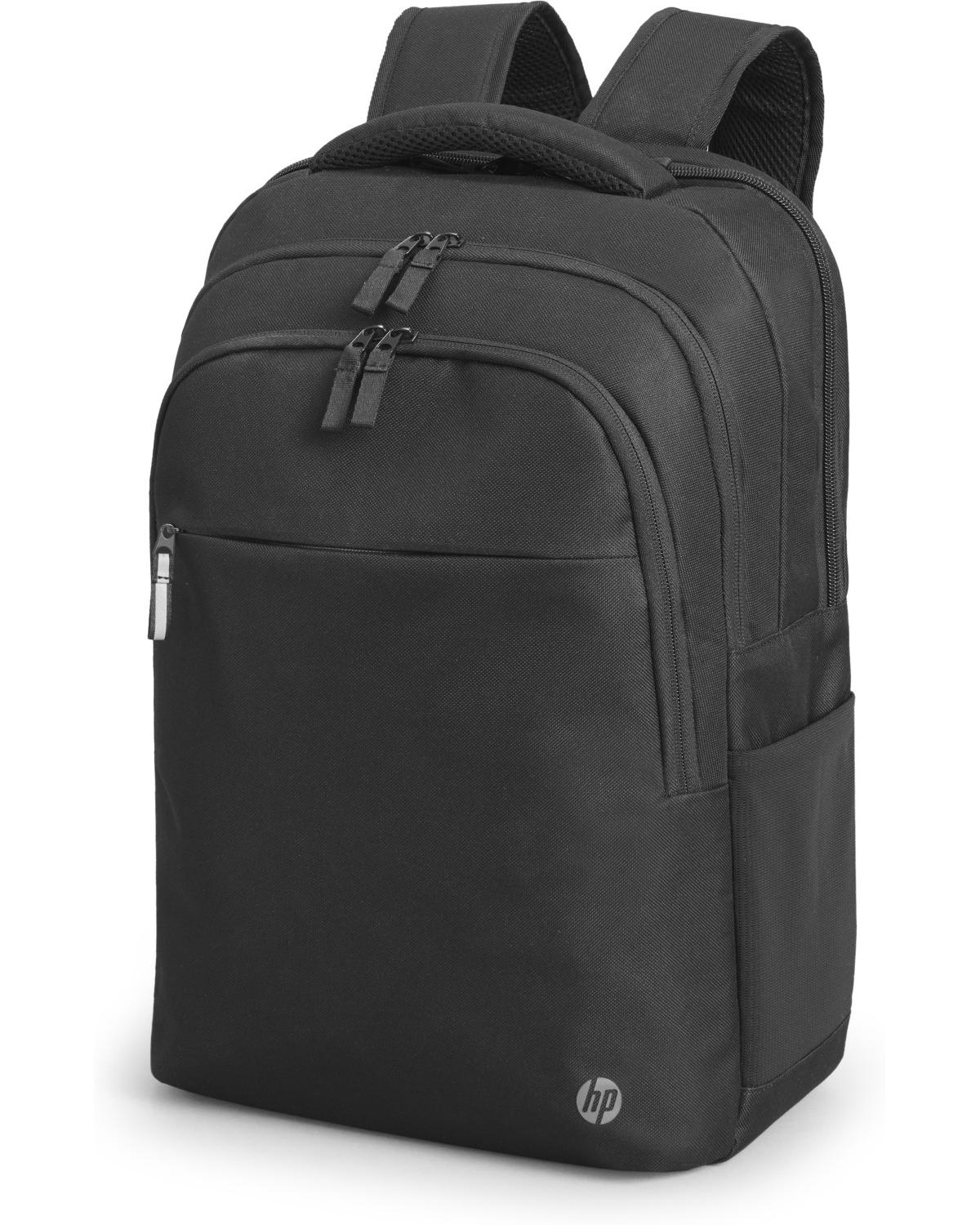 Schwarzer Rucksack mit zwei Reißverschlüssen vorne und einem HP-Logo.