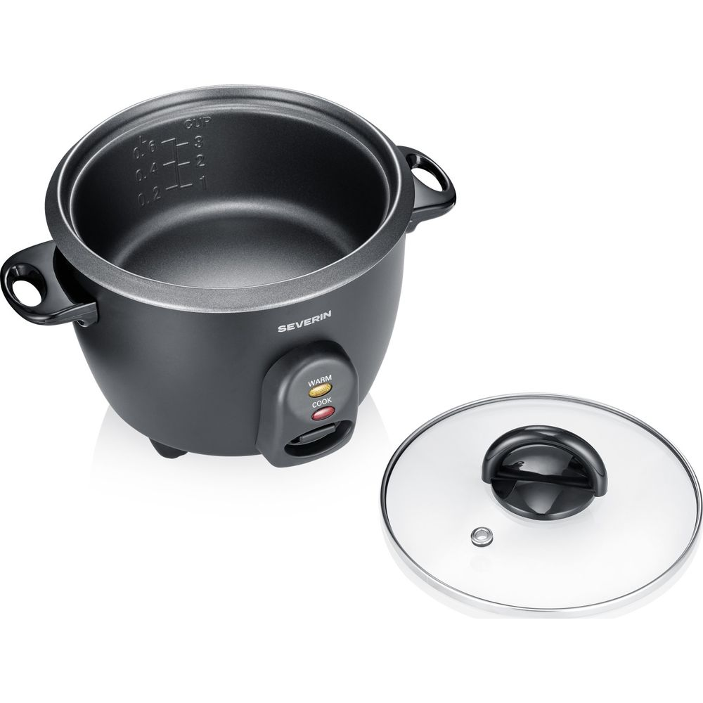 Pentola per riso nera con coperchio in vetro, pannello di controllo con tasti "Warm" e "Cook".