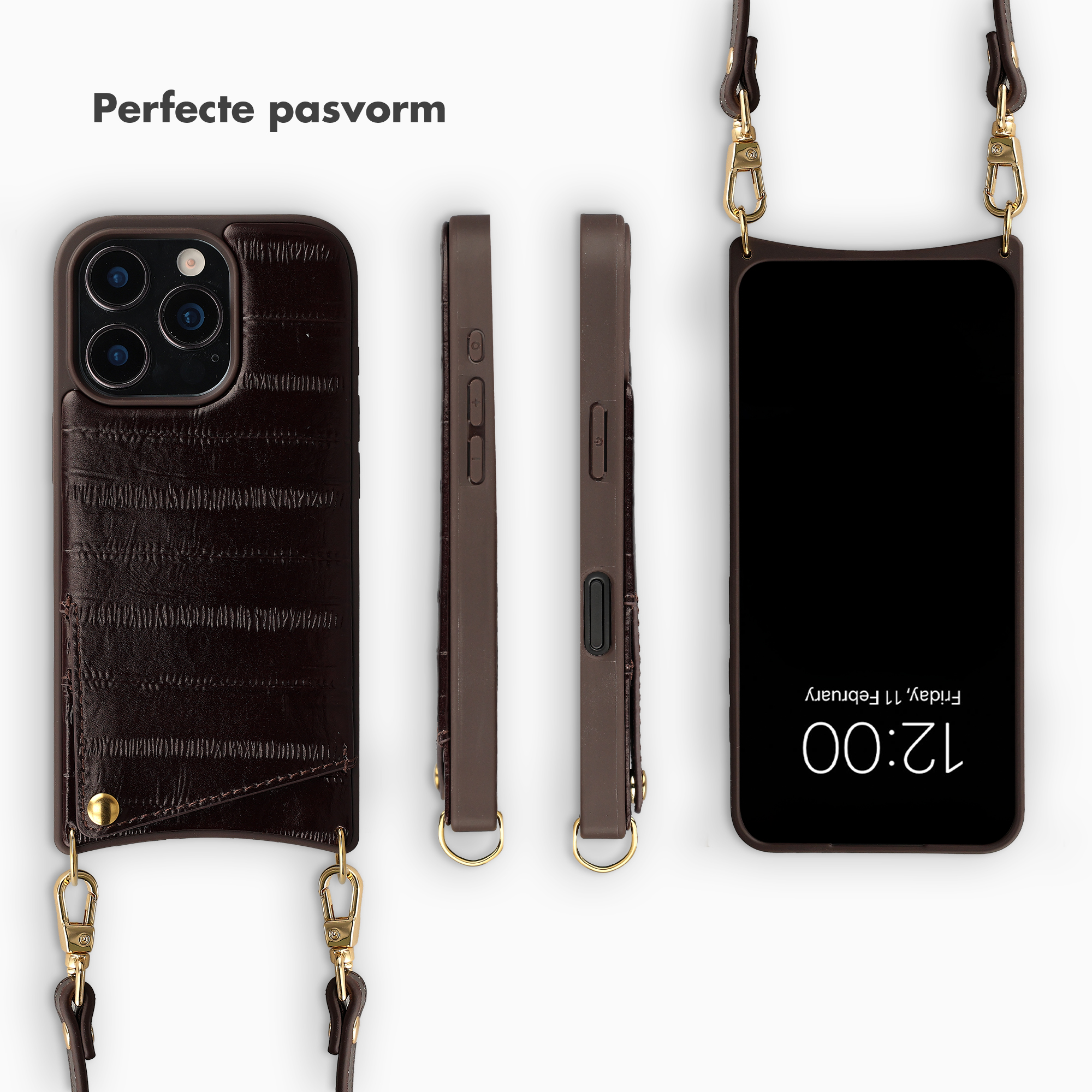 Braune Leder Handyhülle mit goldener Hardware, von vorne, Seite und mit Handy gezeigt.