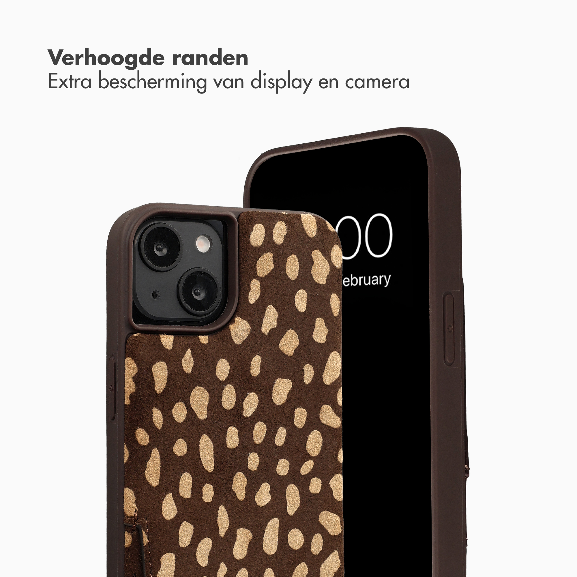 Braune Handyhülle mit Leopardenmuster und Telefon mit Datum 00. Februar.