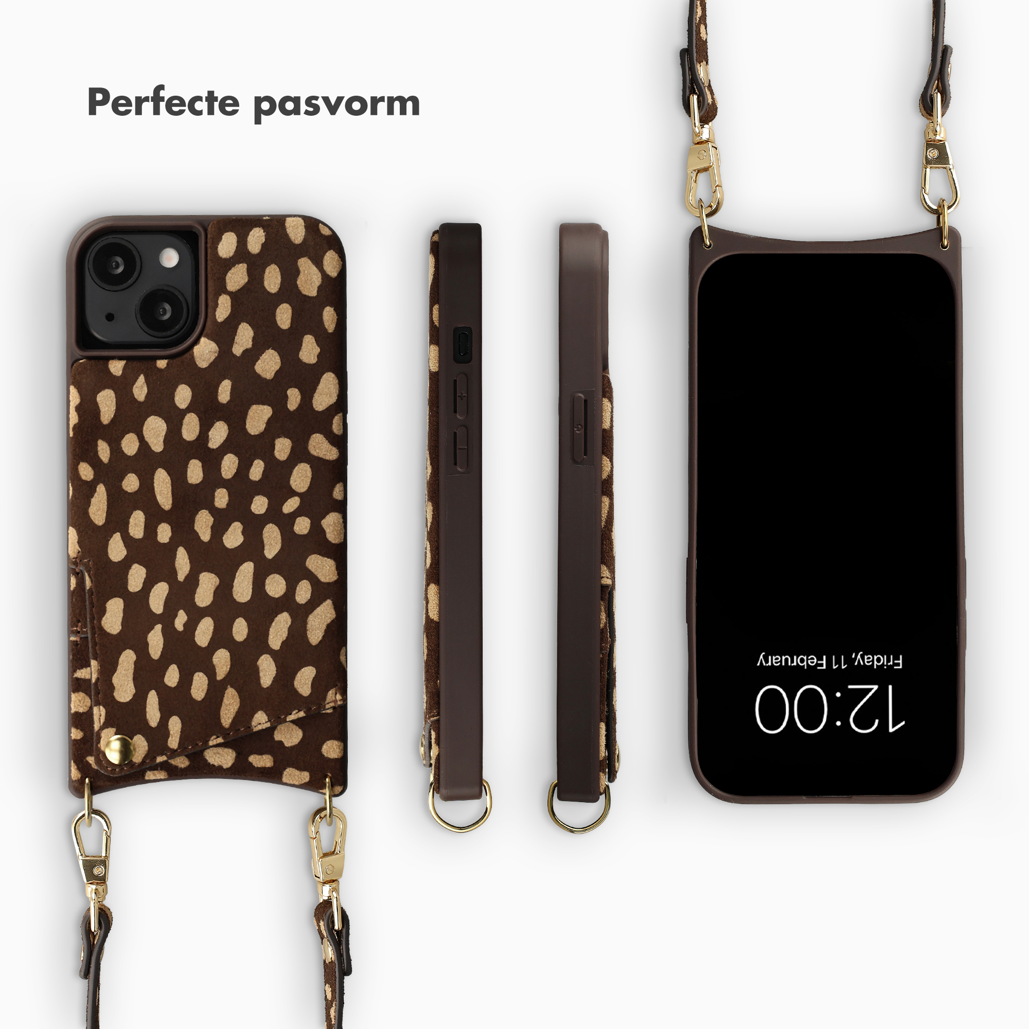 Braune Handyhülle mit Animal-Print und abnehmbarem Trageriemen.