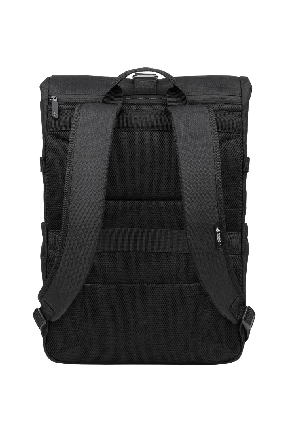 Rückseite eines schwarzen Rucksacks mit gepolsterten Trägern und Netzrücken.