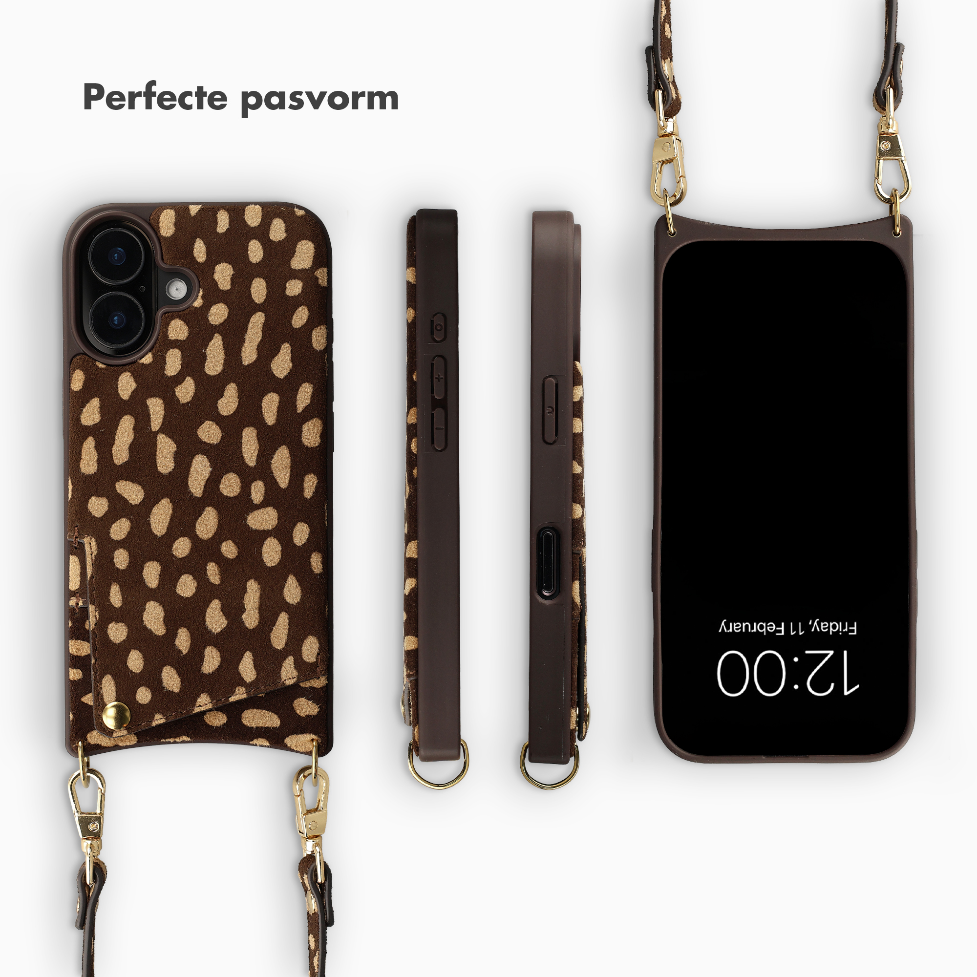 Braune Handyhülle mit Leopardenmuster, Lanyard und einem Telefon mit schwarzem Bildschirm.