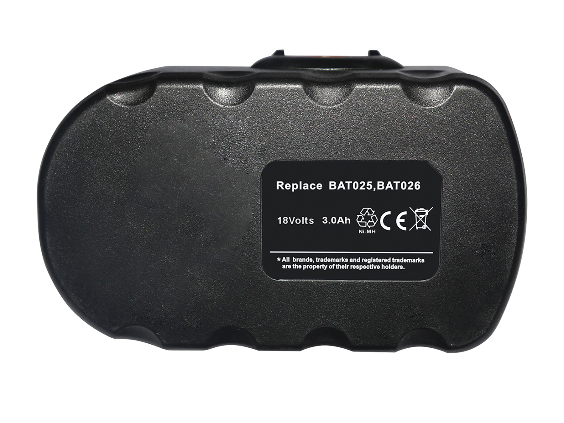 Schwarzer Akku, 18 Volt, 3,0 Ah, Ni-MH, mit CE-Zeichen.