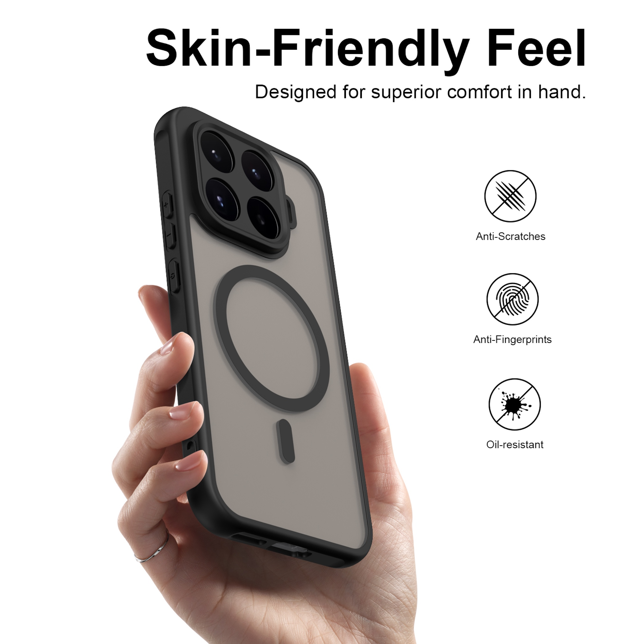 Eine Hand hält eine transparente Handyhülle mit schwarzem Rand.