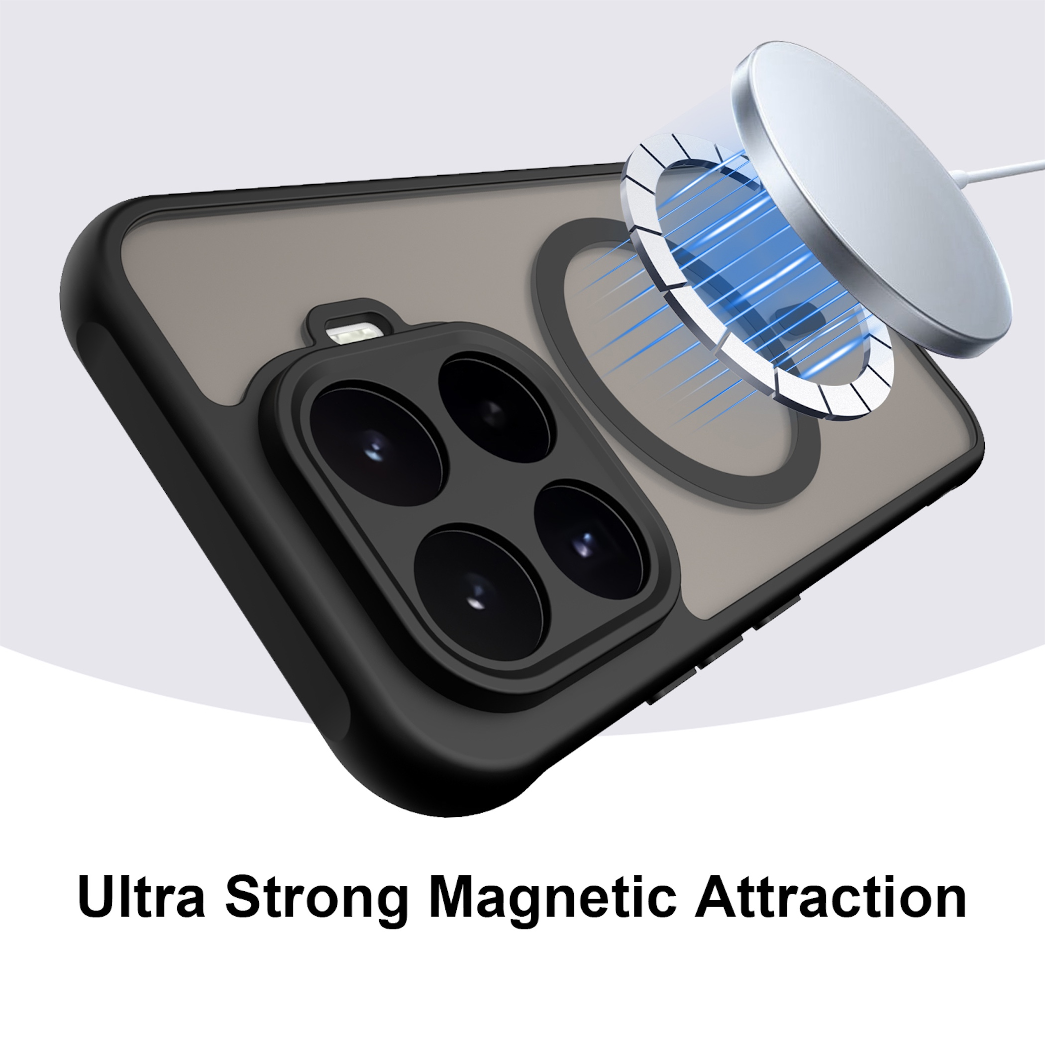Ein schwarzes Handy mit dreifacher Kamera und magnetischer Ladefunktion.