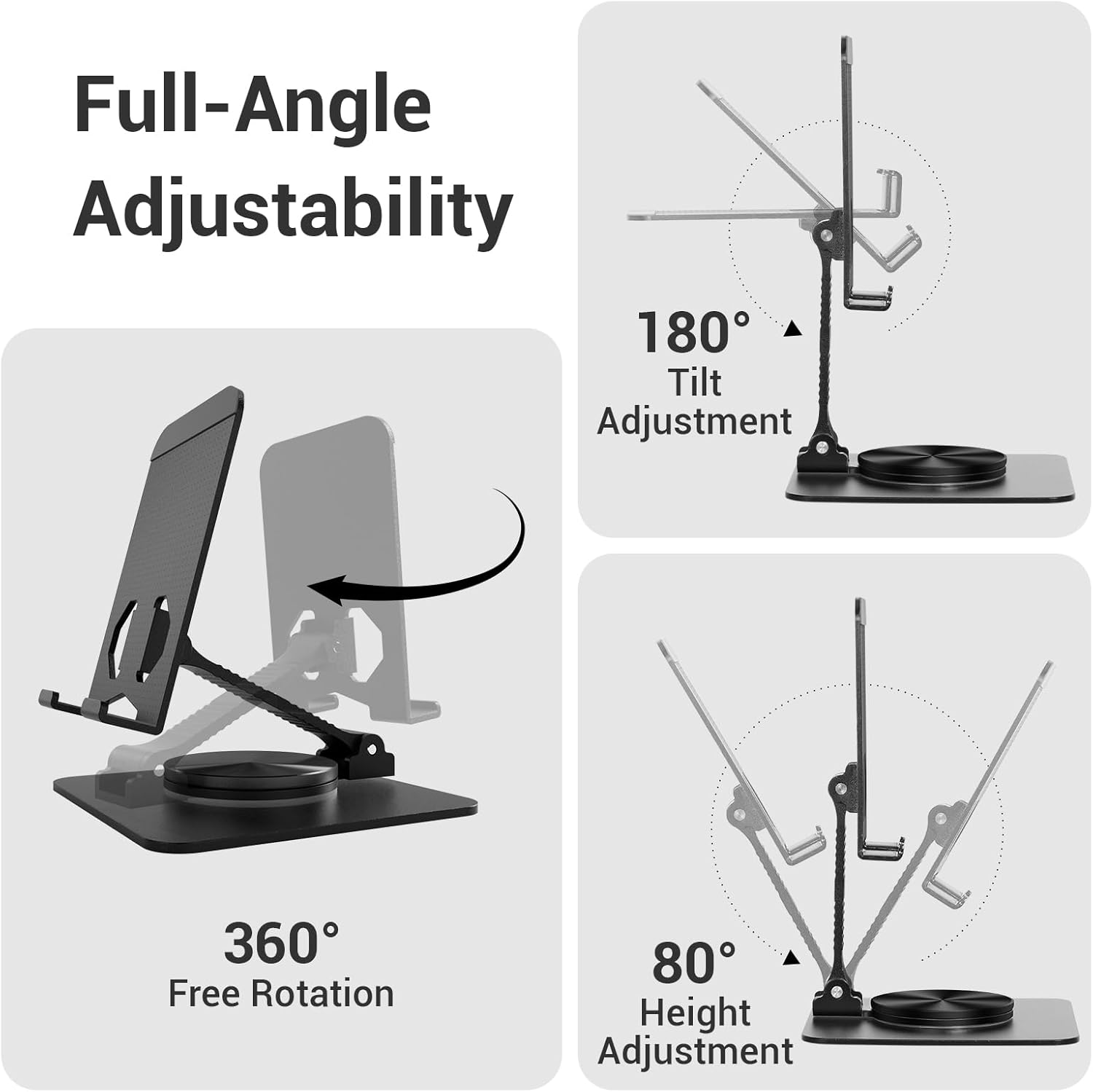 Ein schwarzer, verstellbarer Ständer für Tablets oder Telefone mit 360°-Drehung.