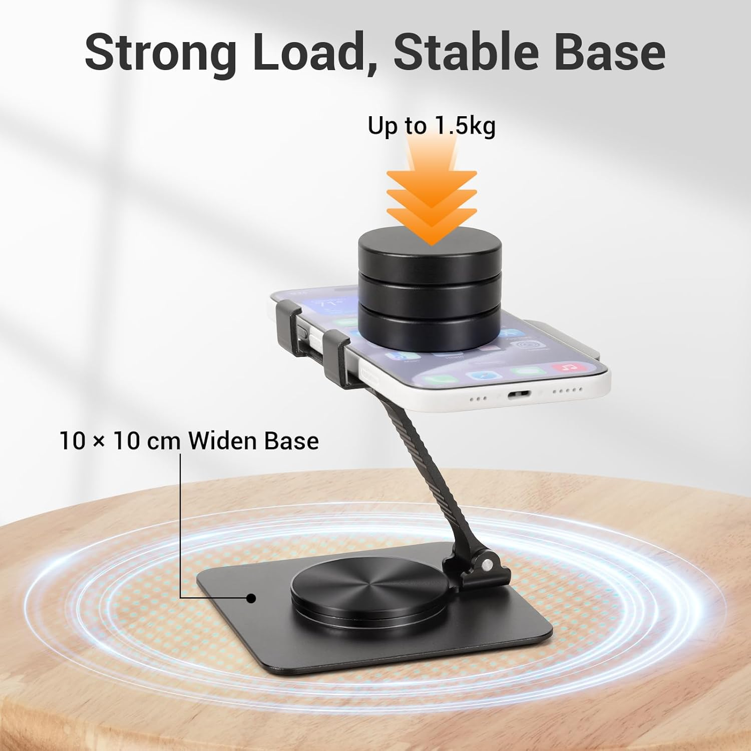 Starker Belastungsständer für Telefone, bis zu 1,5 kg Tragkraft, 10x10cm Basis.