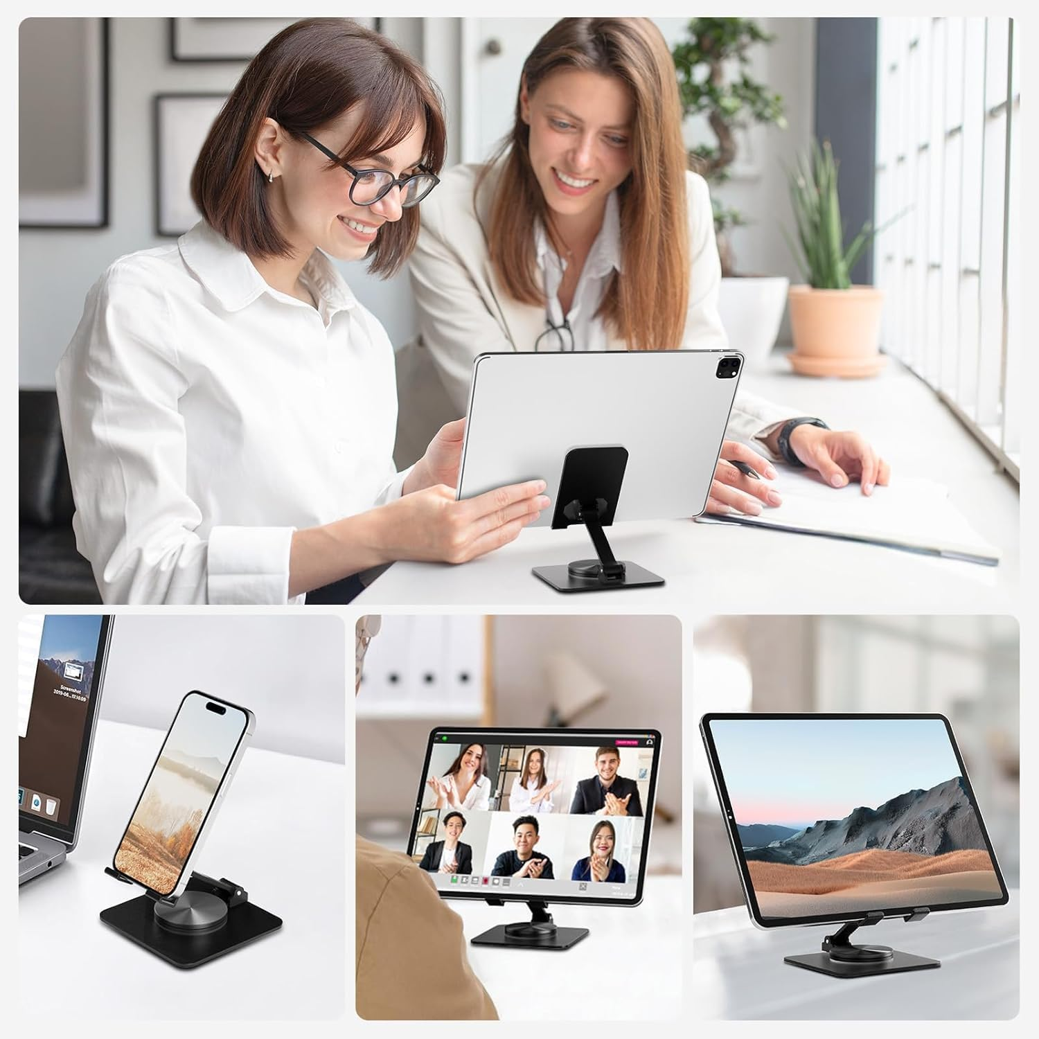 Zwei Frauen arbeiten an einem Tablet, daneben Handy, Laptop und Tablet mit Landschaft.