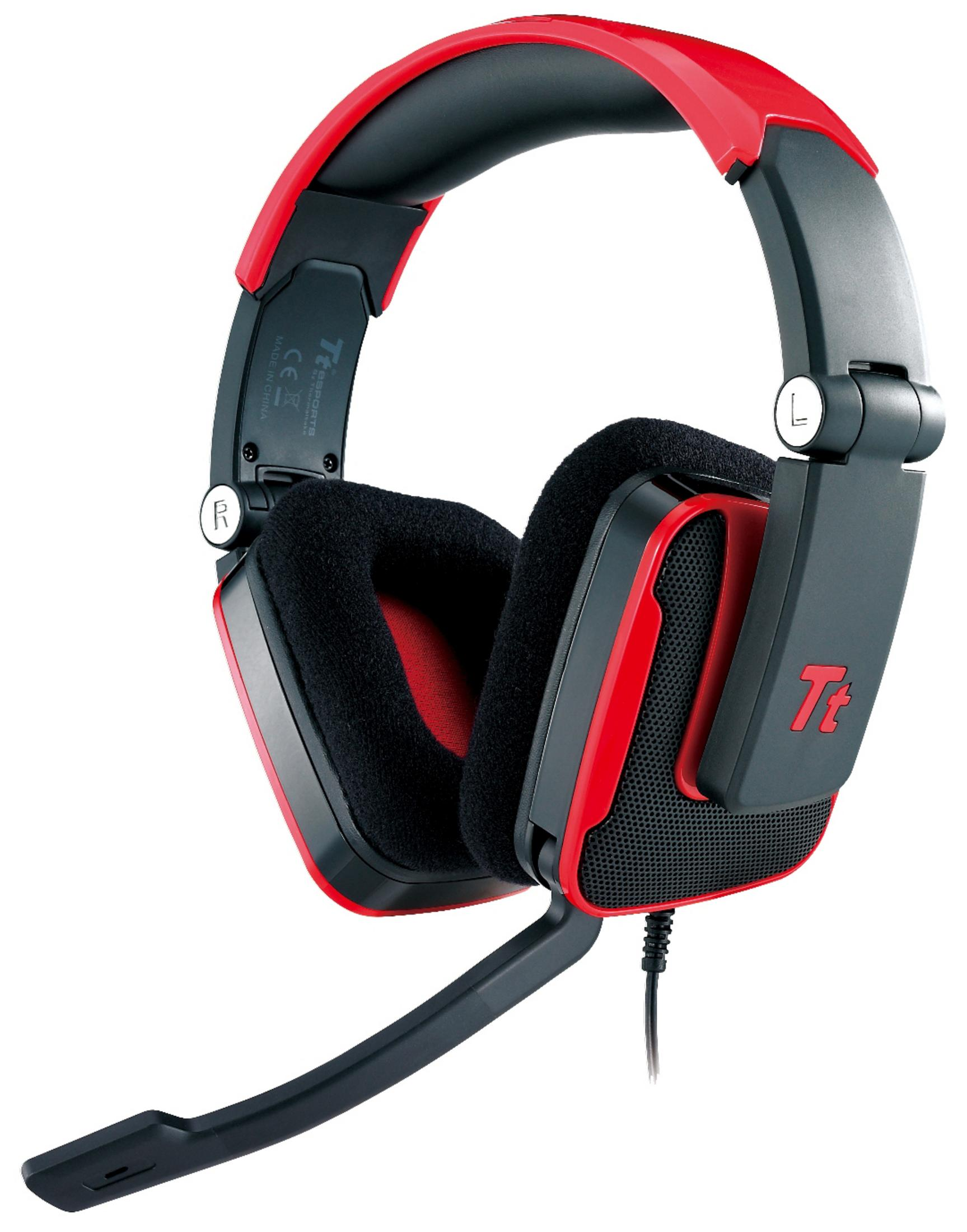 Cuffie da gaming rosse e nere con microfono, su sfondo bianco.