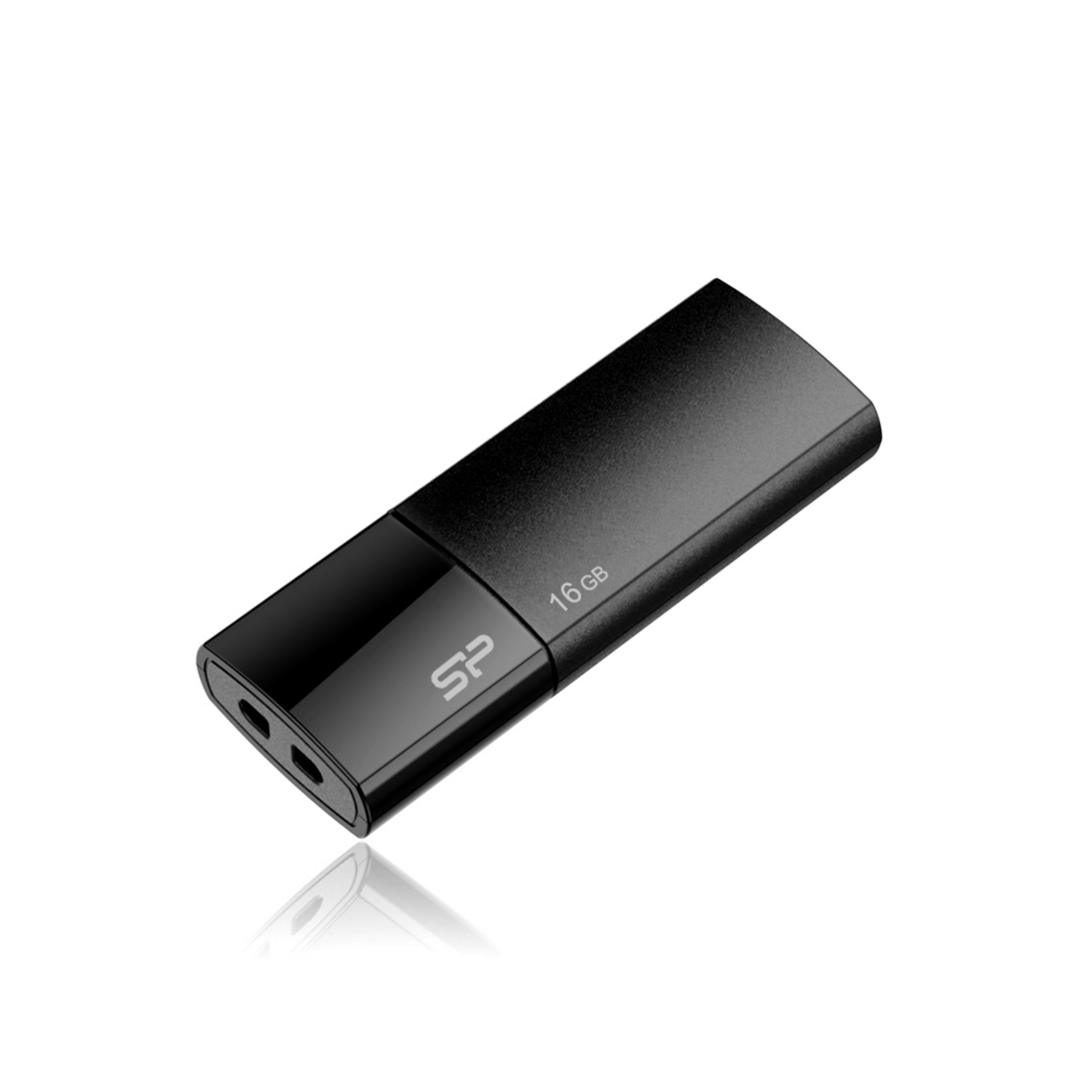 Pen drive USB nero da 16 GB con logo SP, su sfondo bianco.
