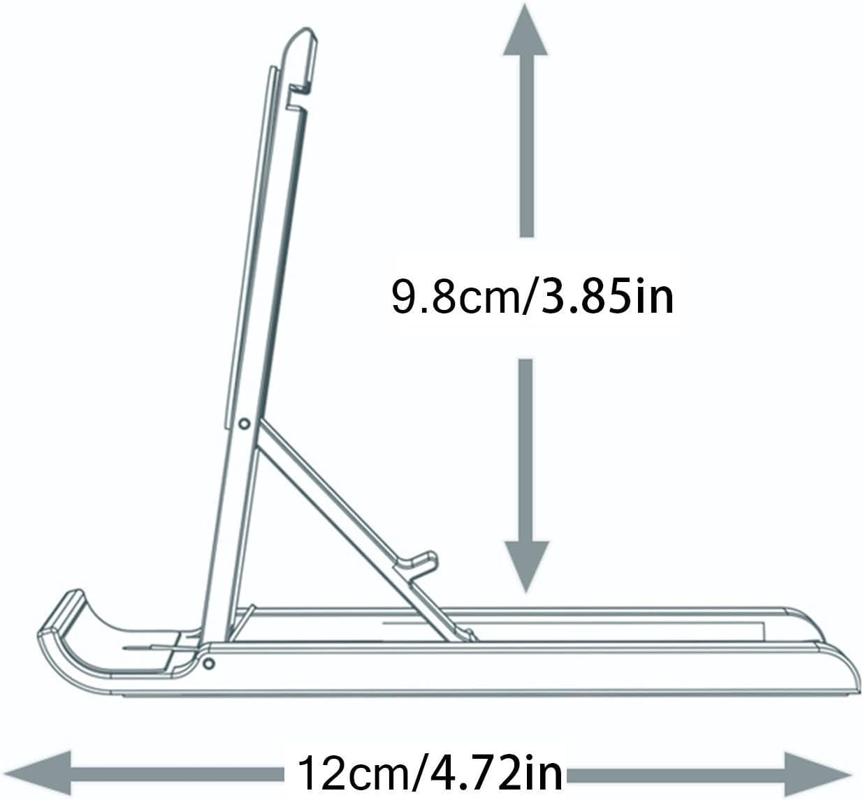 Eine Skizze eines zusammenklappbaren Handyhalters mit Maßen 9,8 cm Höhe und 12 cm Breite.