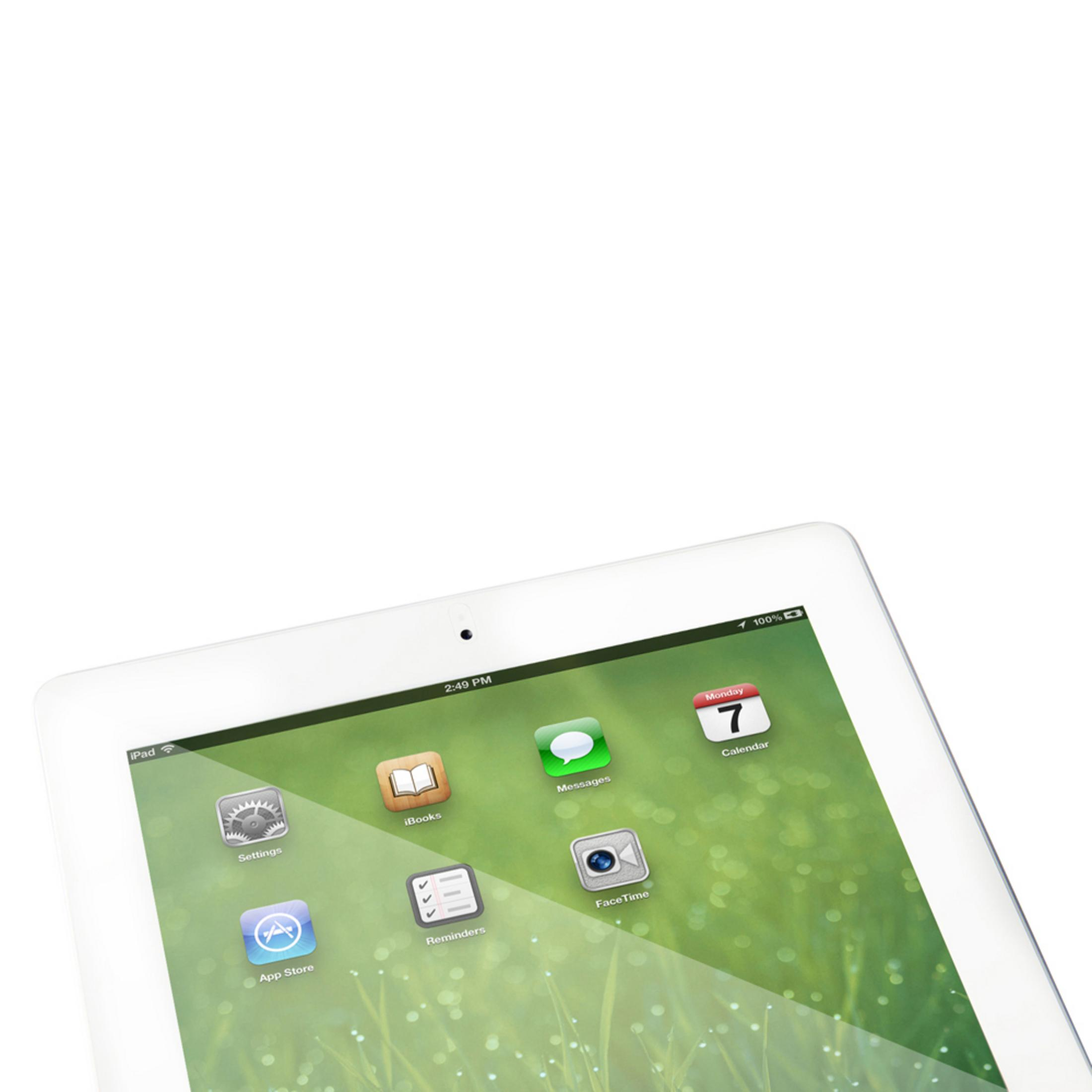 Un iPad con uno sfondo verde e icone di app: Impostazioni, Libri, Messaggi, Calendario, App Store, Promemoria, FaceTime.