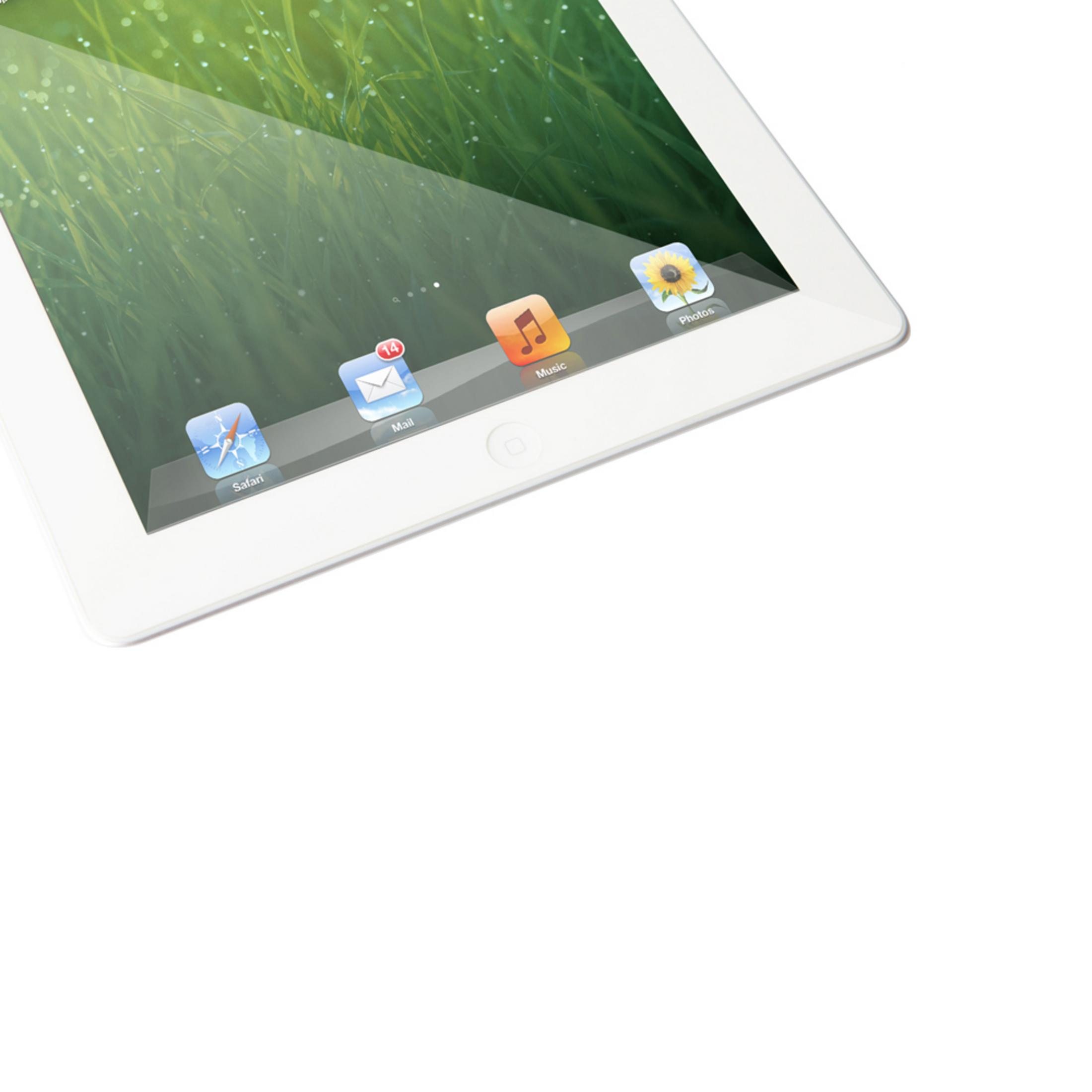 Un tablet bianco con sfondo verde e icone di app.