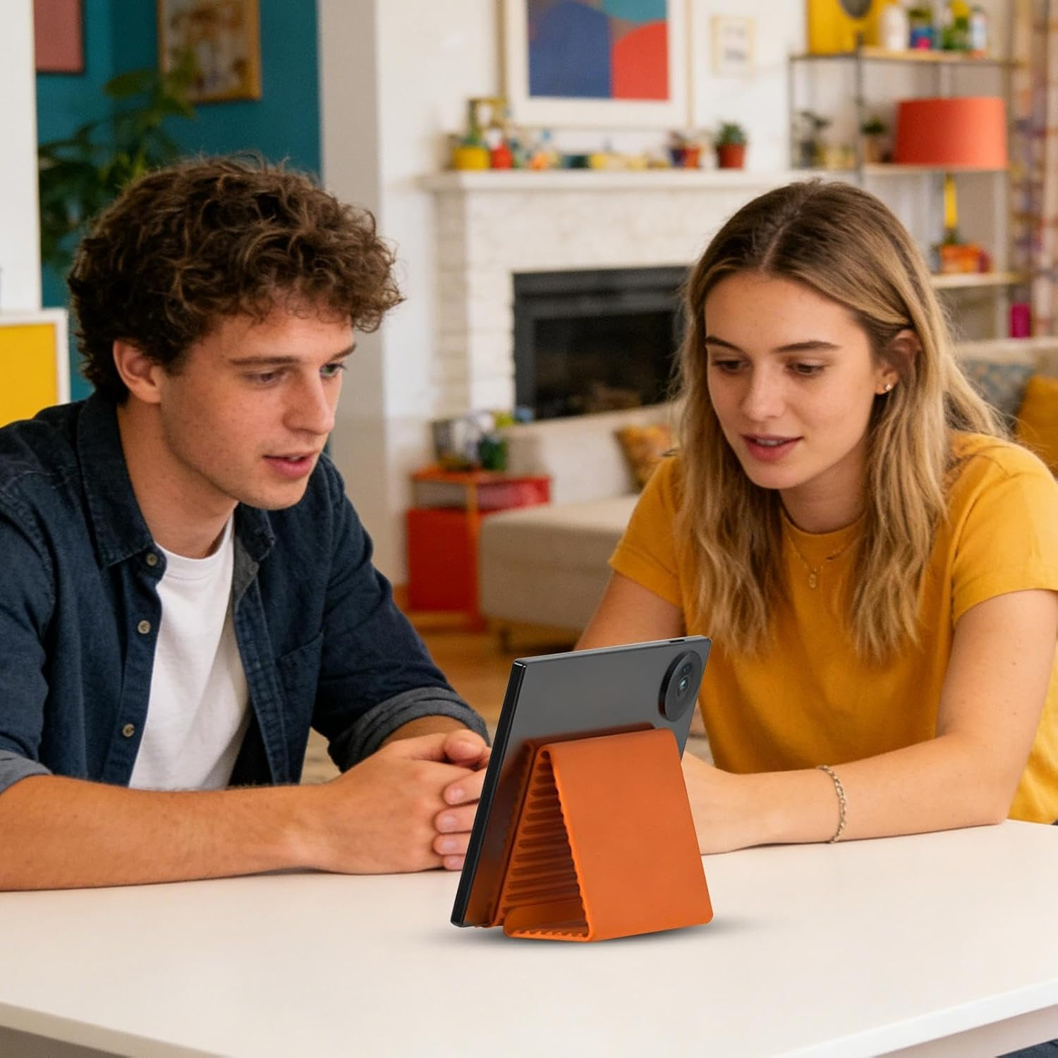 Ein Mann und eine Frau blicken auf ein Tablet, das auf einem orangen Ständer steht.