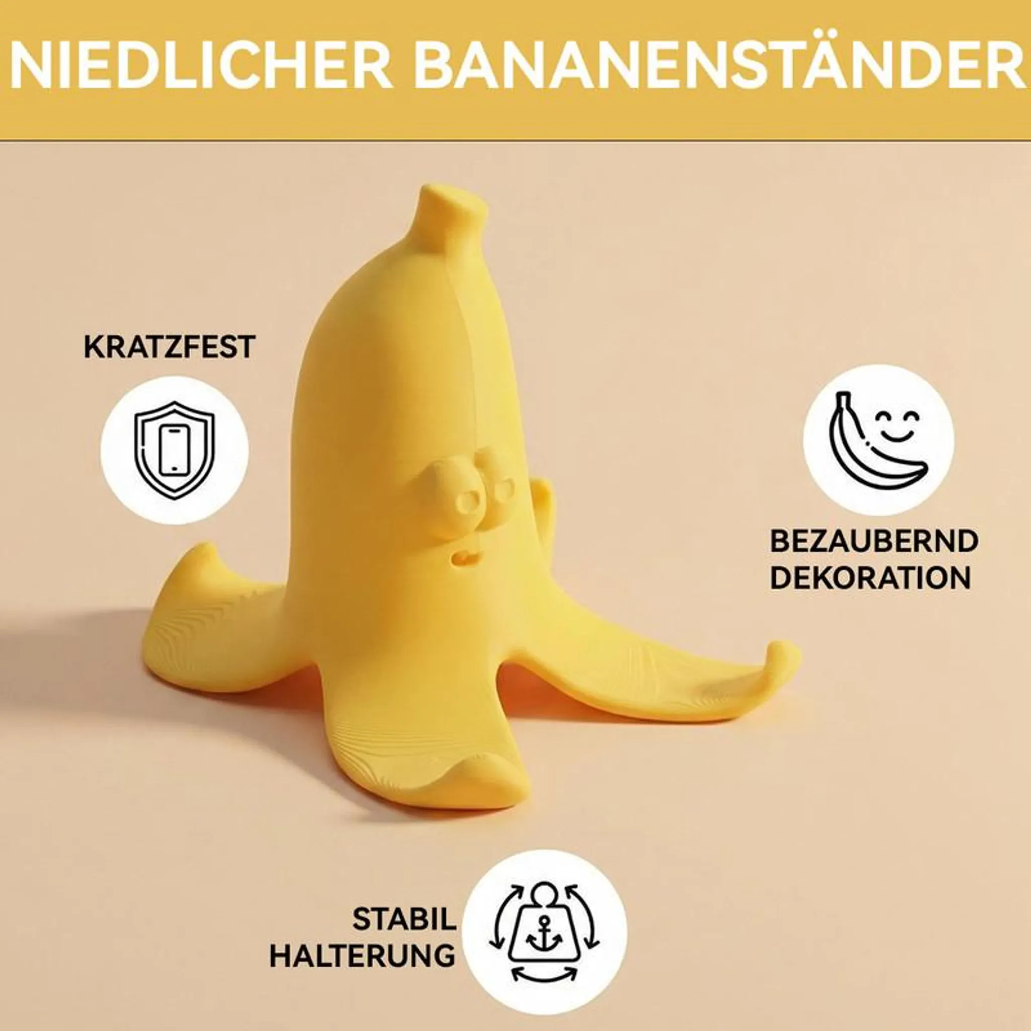 Gelber bananenförmiger Handyhalter mit süßem Gesicht. Kratzfest, stabil.