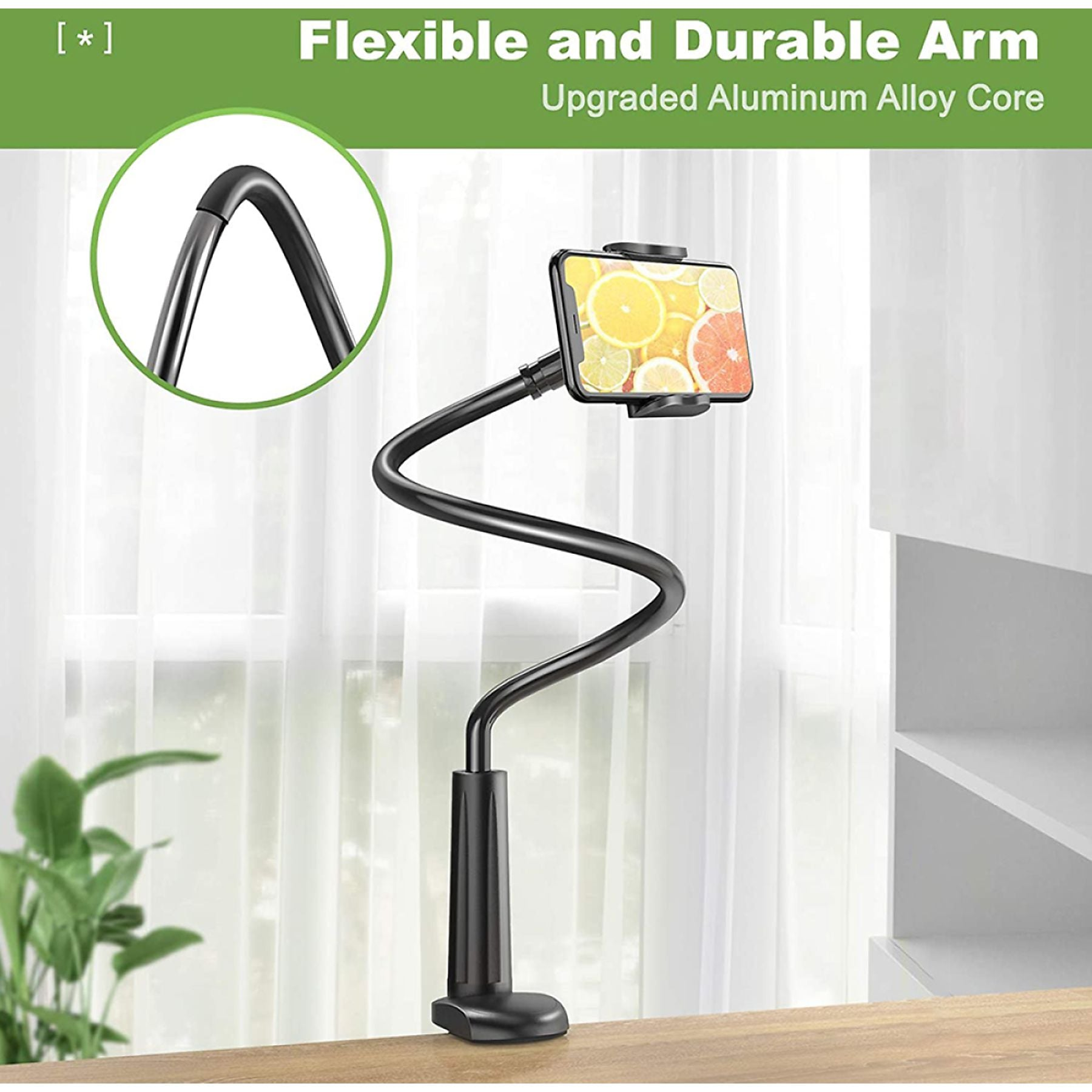 Ein flexibler Handyhalter mit einem schwarzen Arm und einem Smartphone, das Früchte anzeigt.