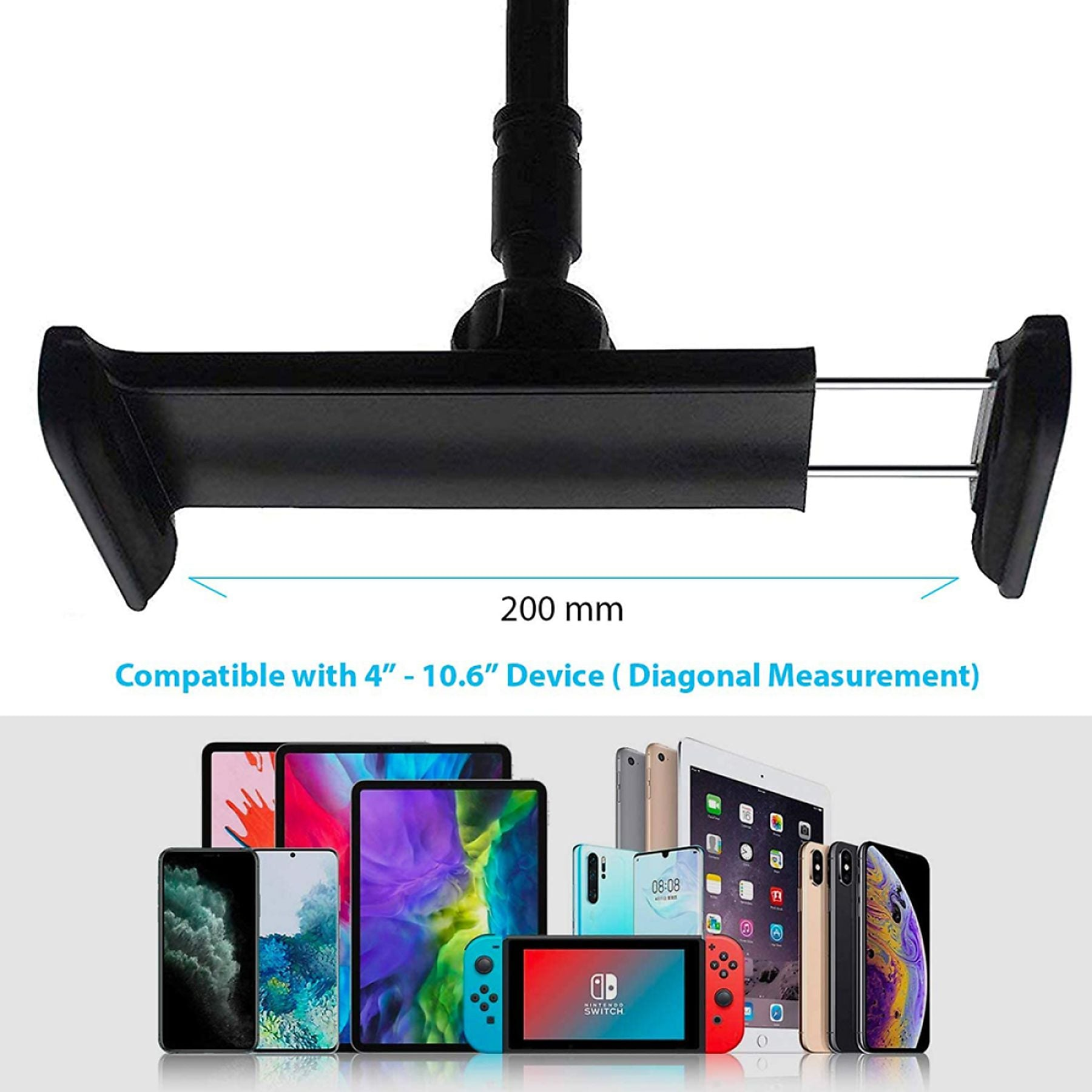Ein schwarzer Halter für Geräte, darunter Smartphones, Tablets und Switch.