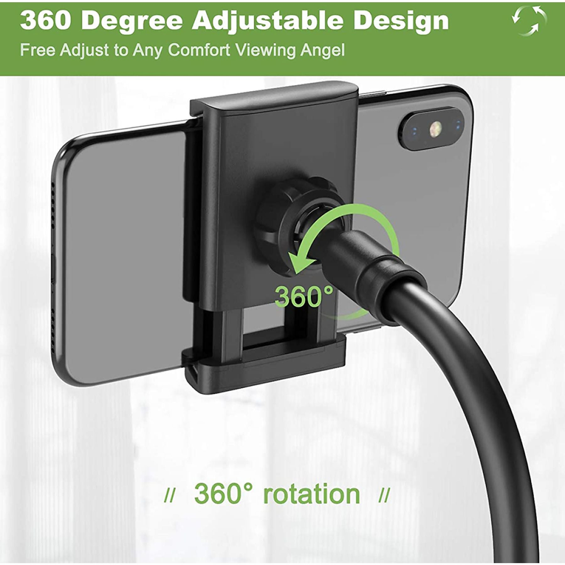 Schwarzer Handyhalter mit 360-Grad-Drehung und verstellbarem Arm.