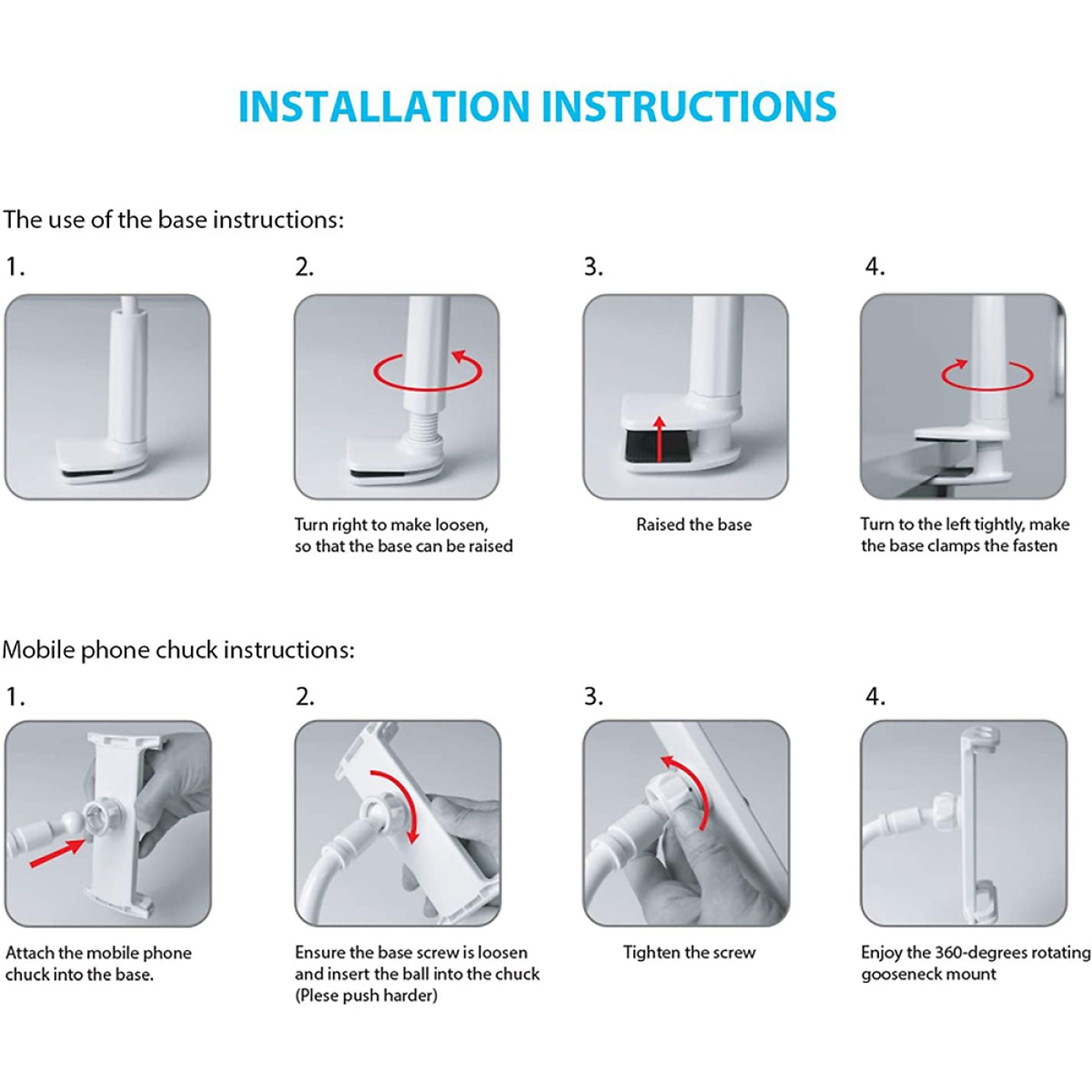 Installationsanleitung: Basis und Handyhalterung befestigen.