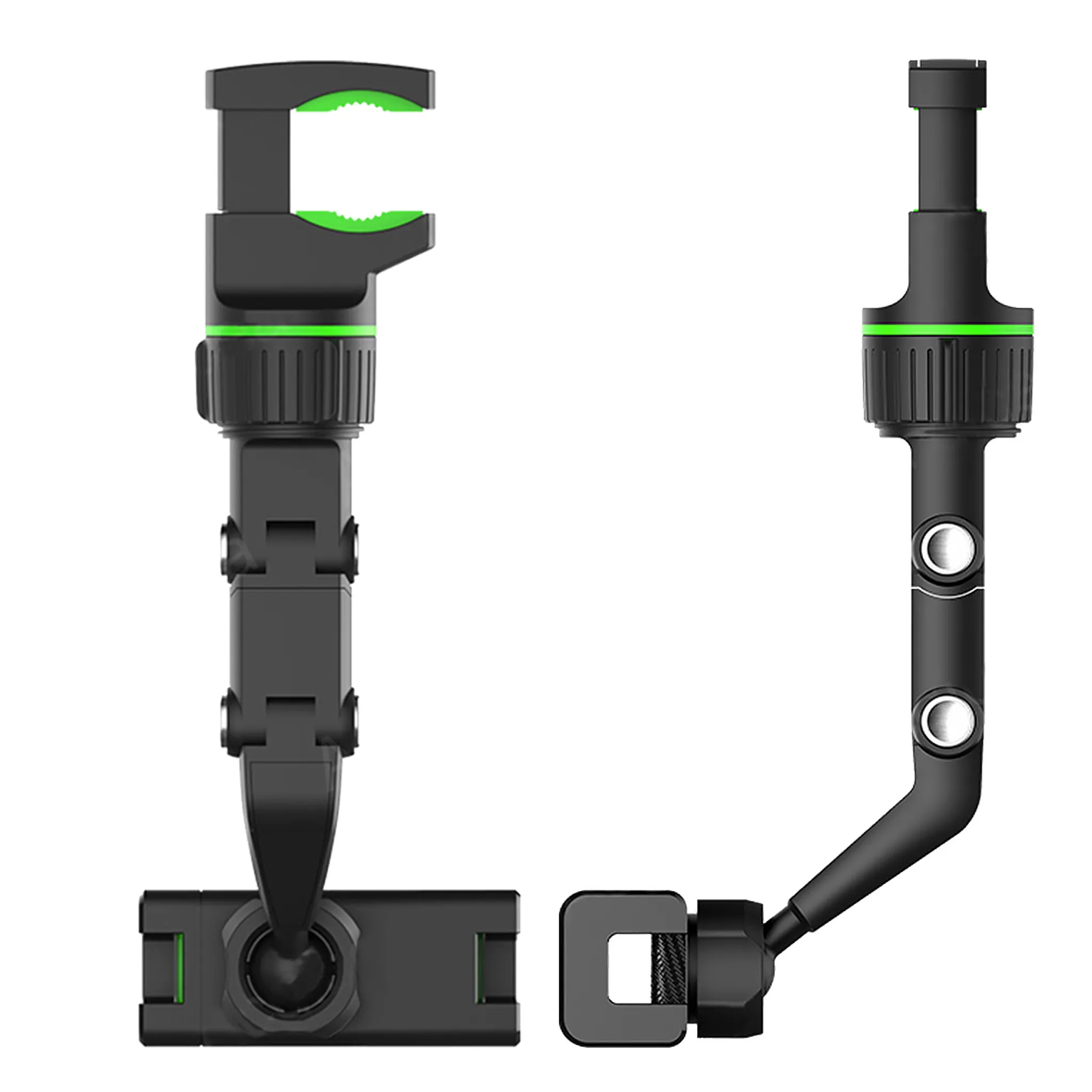 Ein schwarzer Handyhalter mit grünen Akzenten, auf weißem Hintergrund.