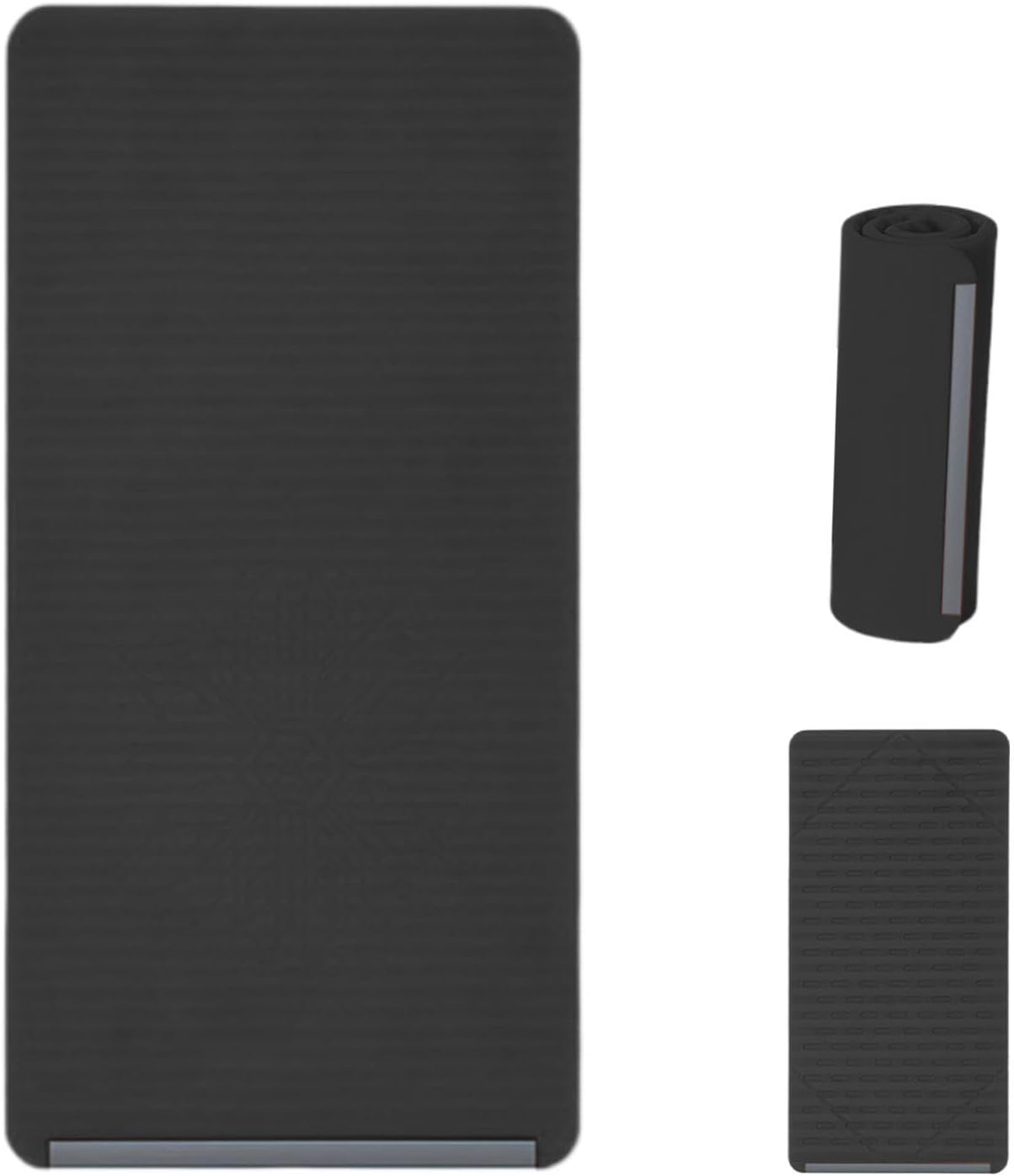 Schwarze Yogamatte, aufgerollt und flach mit Muster.