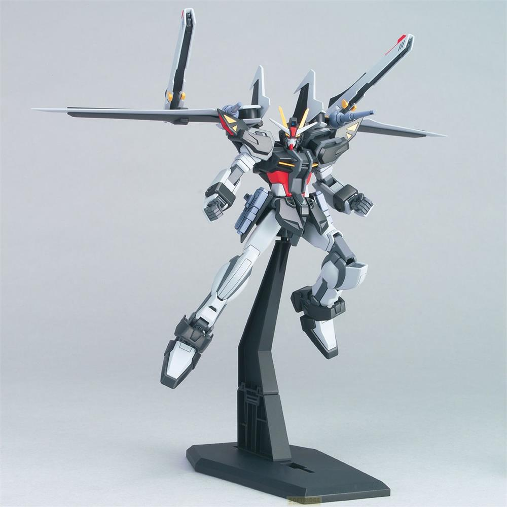 Ein grauer, weißer und roter Roboter-Actionfigur steht auf einem schwarzen Ständer.