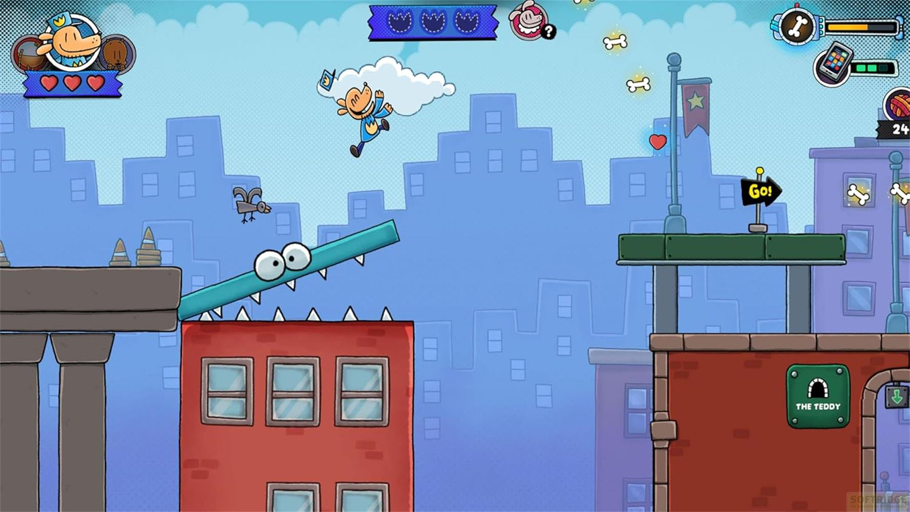 Un chien dessin animé saute sur un nuage au-dessus d'une ville aux dents de crocodile.